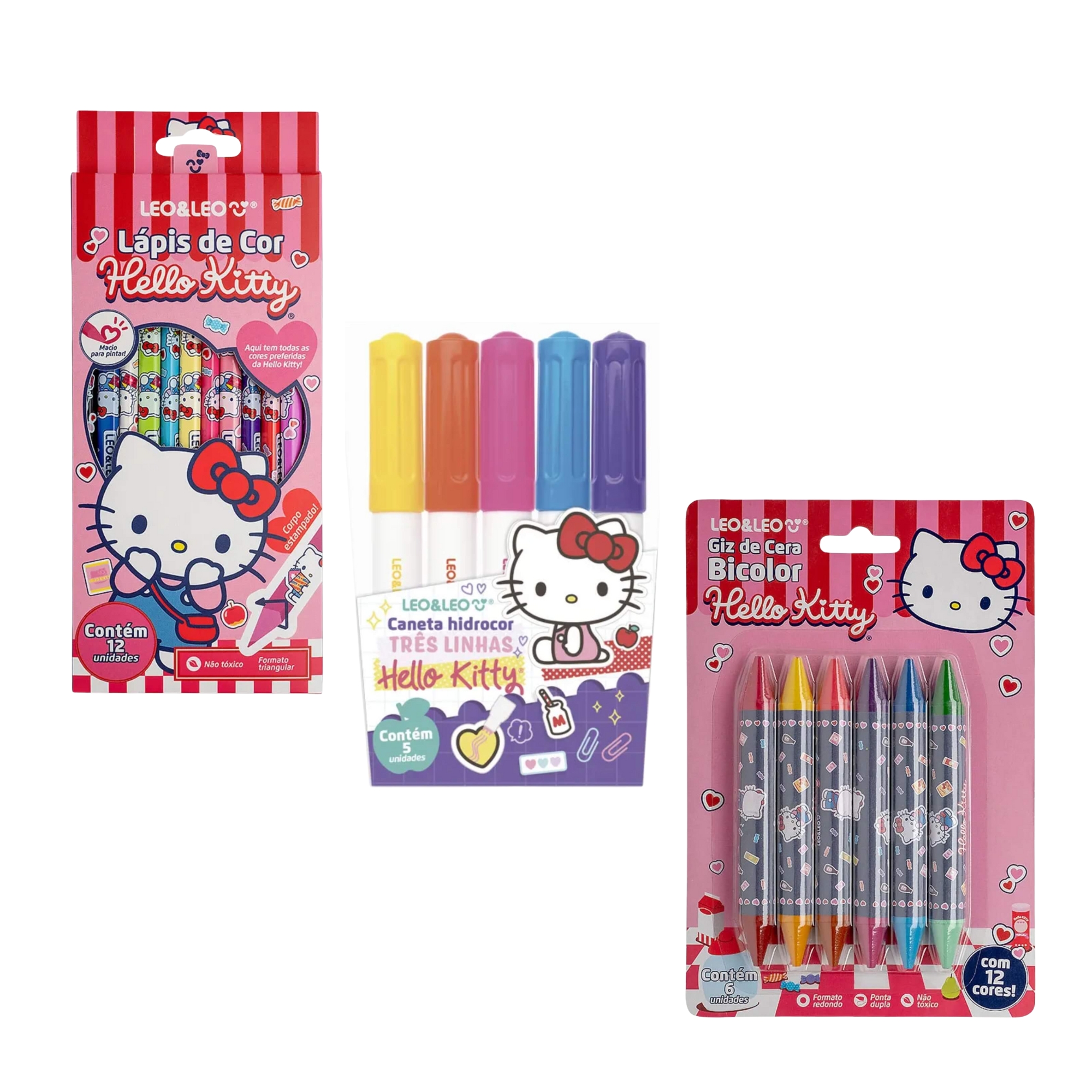 COMP Kit de Pintura Hello Kitty Leo&Leo com Canetinhas, Giz de Cera e Lápis de Cor 12 Cores