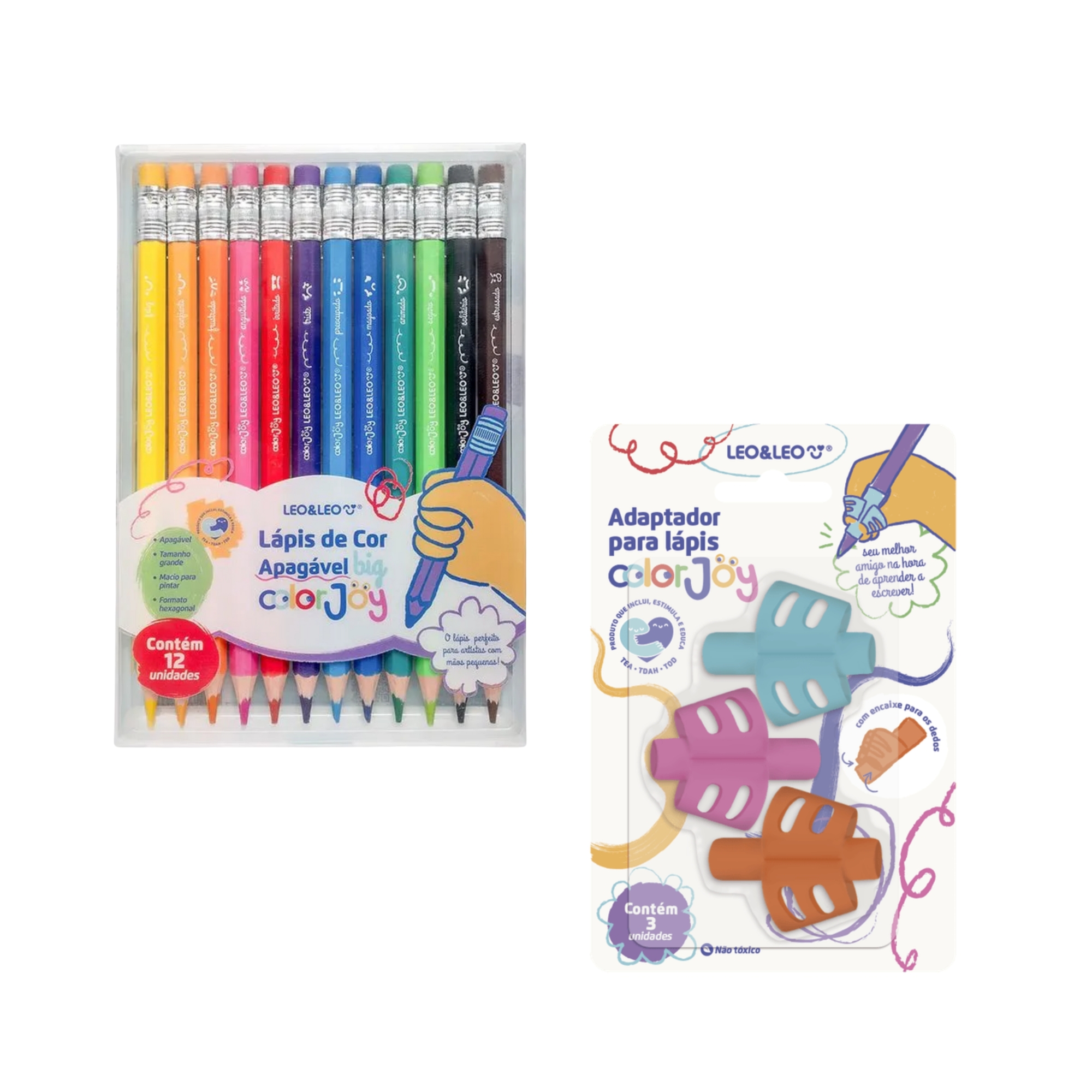 COMP Kit Color Joy Leo&Leo Lápis de Cor Apagável 12 Cores + Adaptador de Lápis Inclusivo 3 Peças