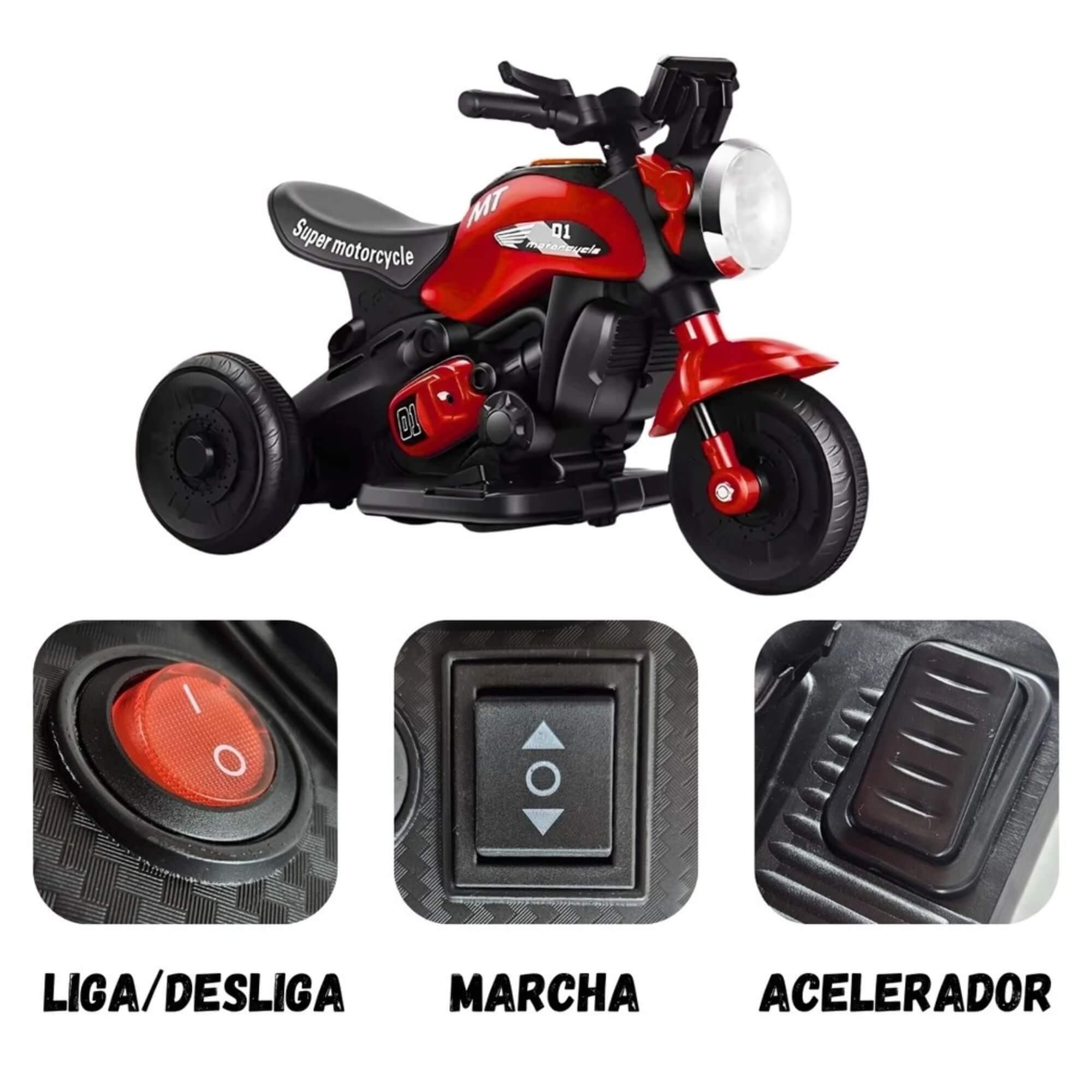 VAR Moto Elétrica Infantil First Custom com Luz e Som Zippy Toys (Escolha o Modelo) Cor:Vermelho