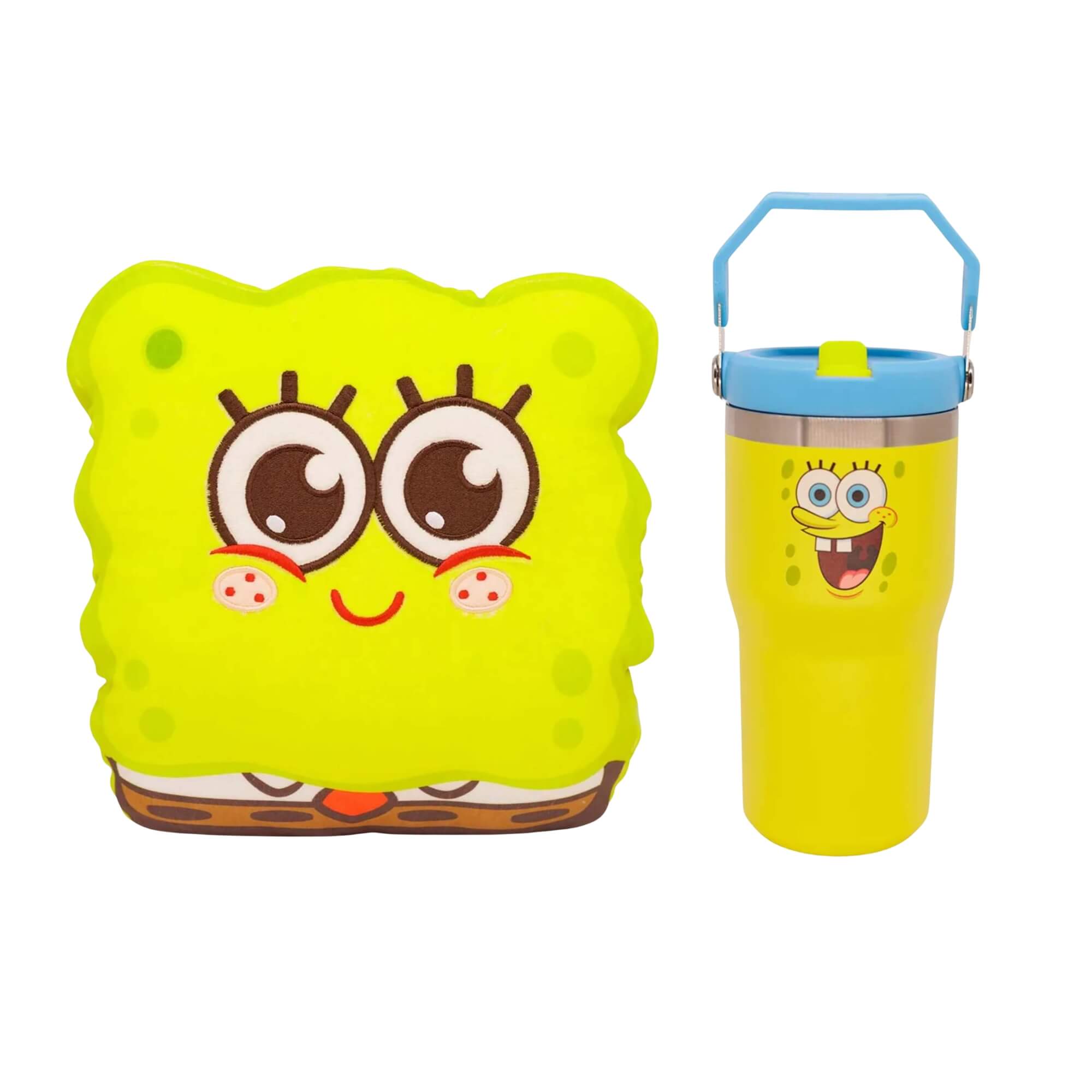 COMP Kit Bob Esponja: Almofada Huggy + Copo Térmico Tumbler Hanger 650ml Zona Criativa