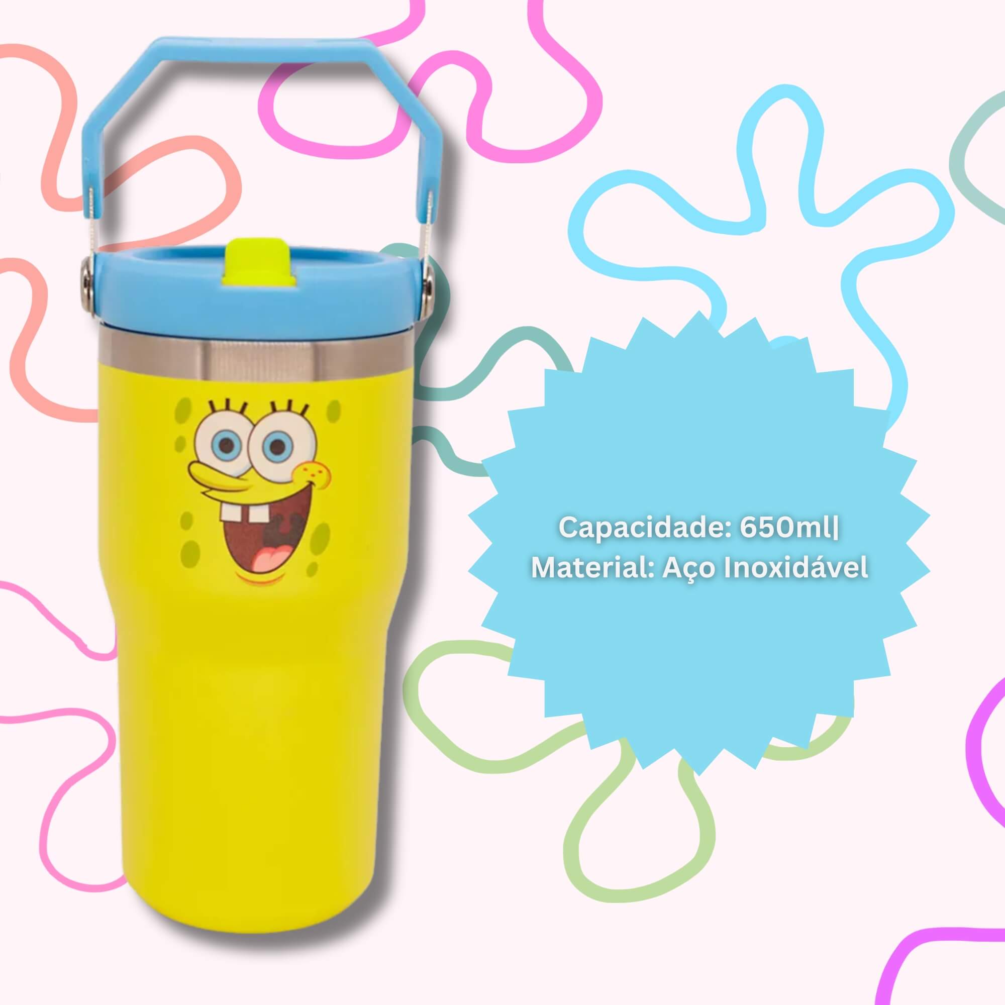 COMP Kit Bob Esponja: Almofada Huggy + Copo Térmico Tumbler Hanger 650ml Zona Criativa