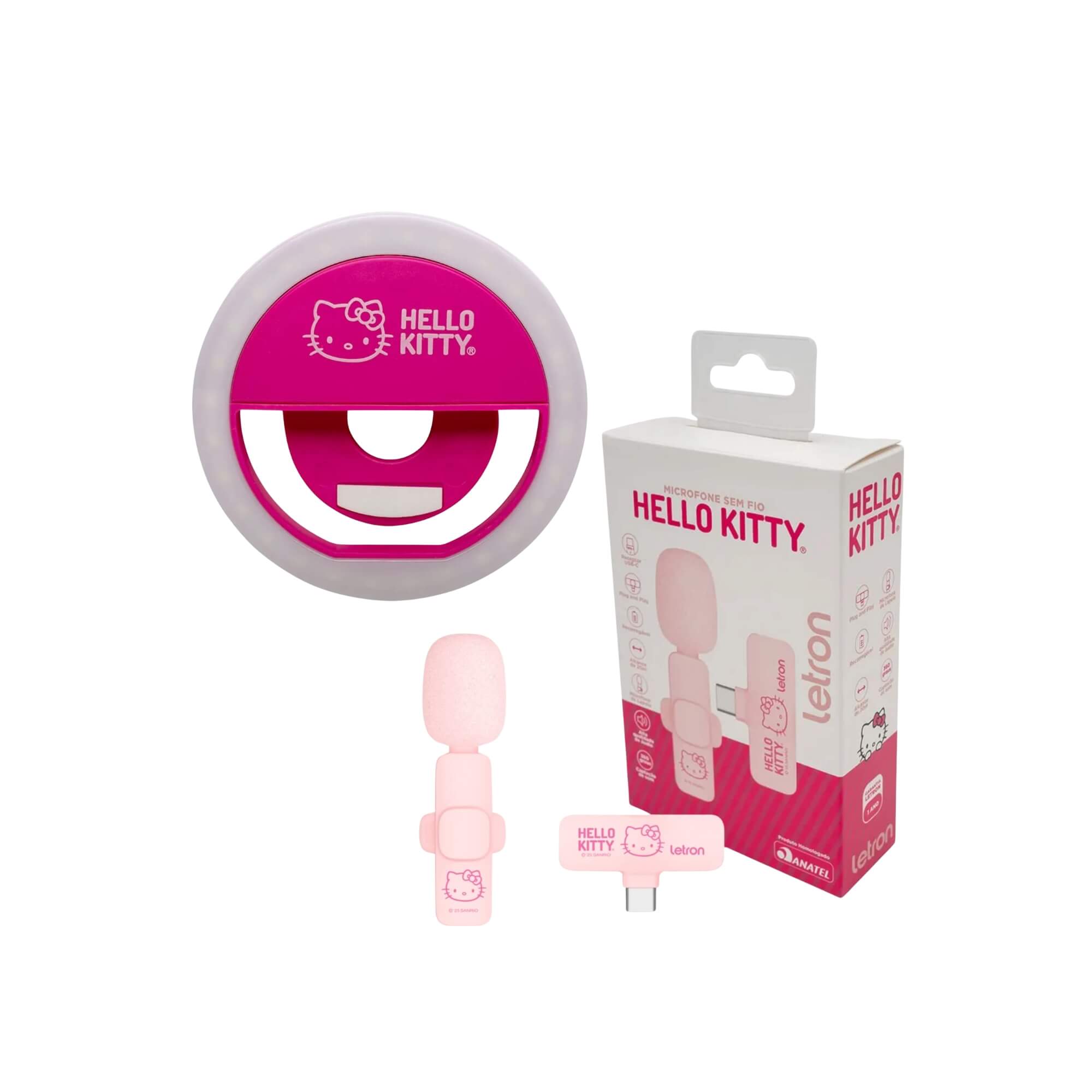 COMP Kit Hello Kitty para Conteúdo: Microfone de Lapela Sem Fio + Ring Light Portátil