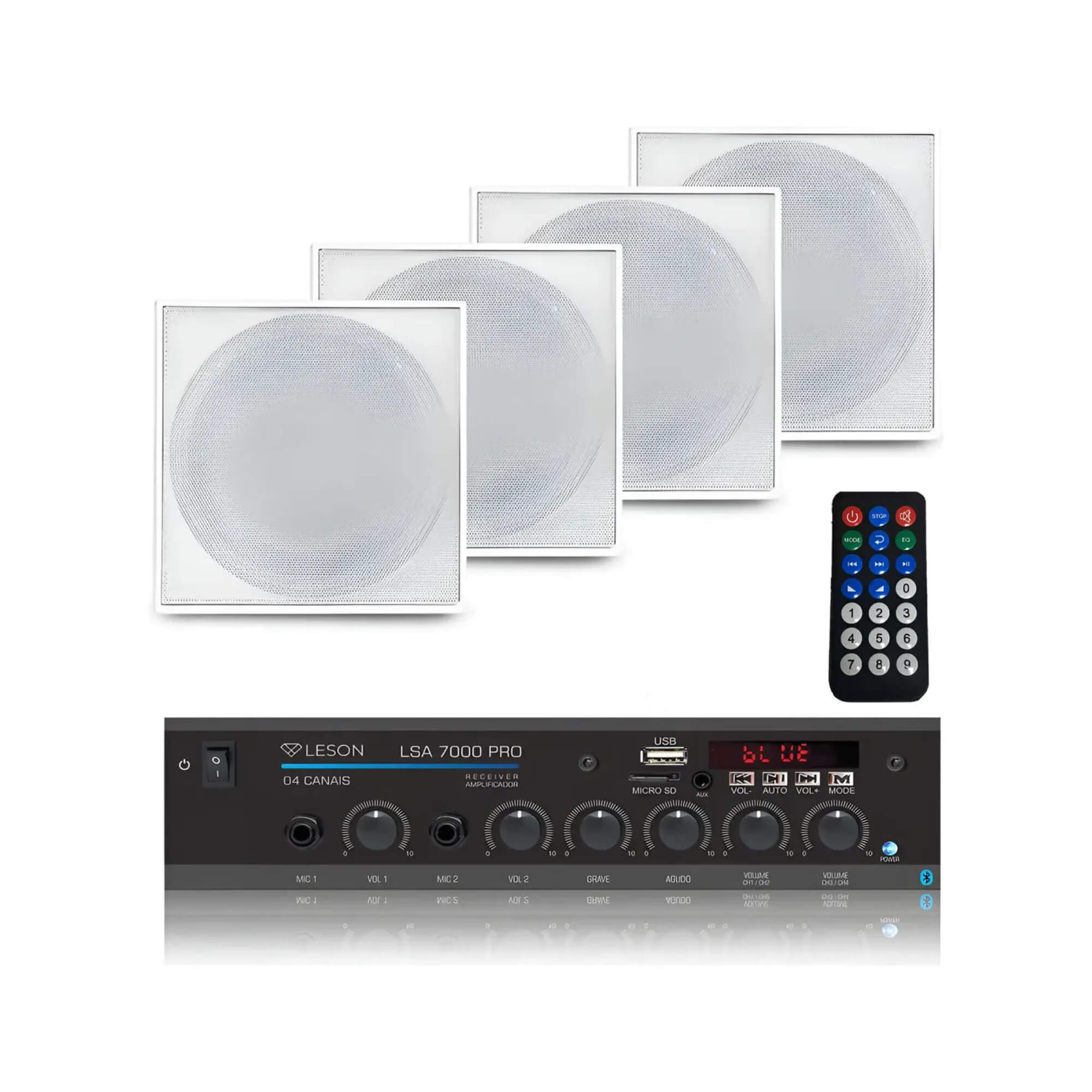 Kit com 4 Arandelas 6" Quadradas Brancas + Receiver LSA 7000 PRO Leson - 2LS70QB04