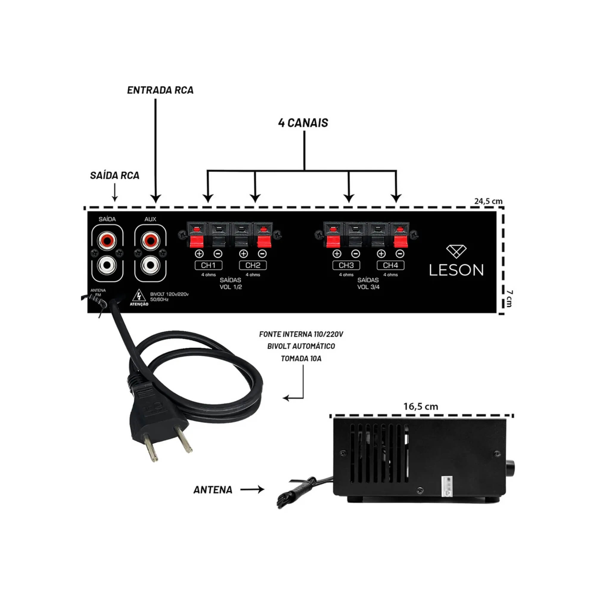 Kit Som Ambiente 4 Arandelas Redondas Brancas + Receiver Bivolt LSA 7000 Leson - 2LS70RB04
