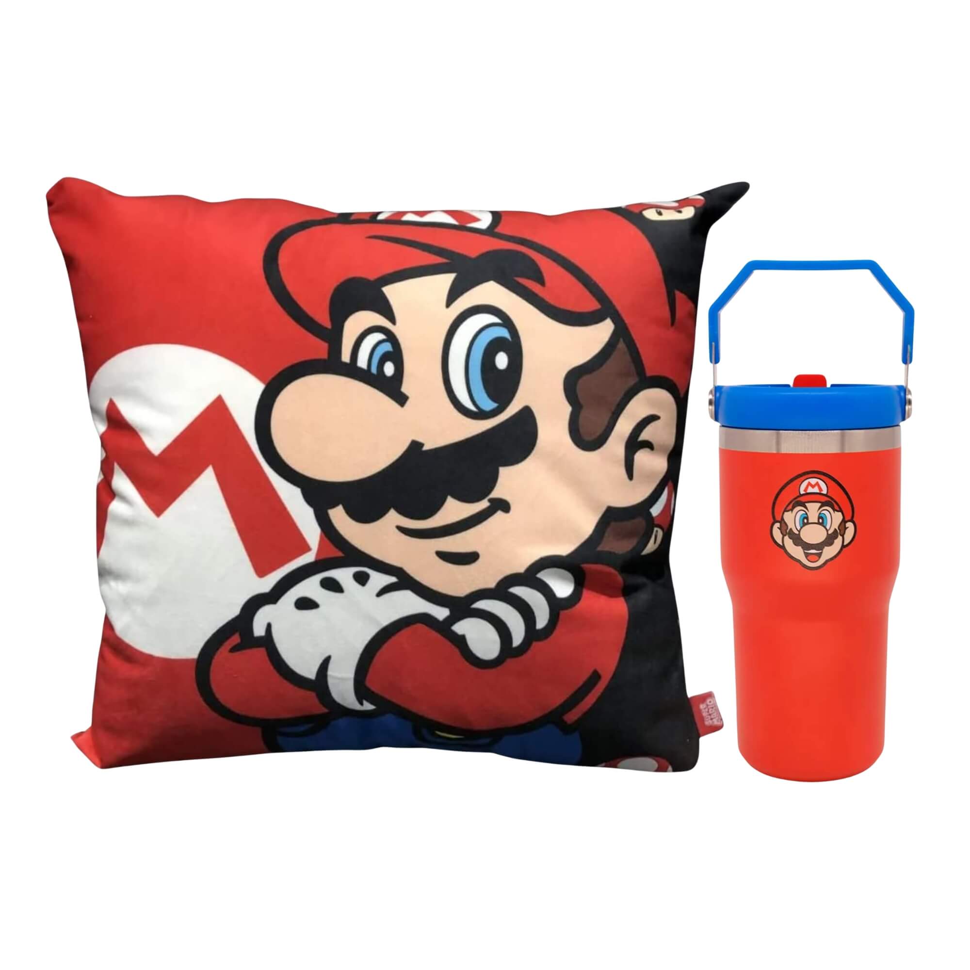 COMP Kit Power-Up do Mario: Almofada Aveludada + Copo Tumbler Hanger 650ml Zona Criativa