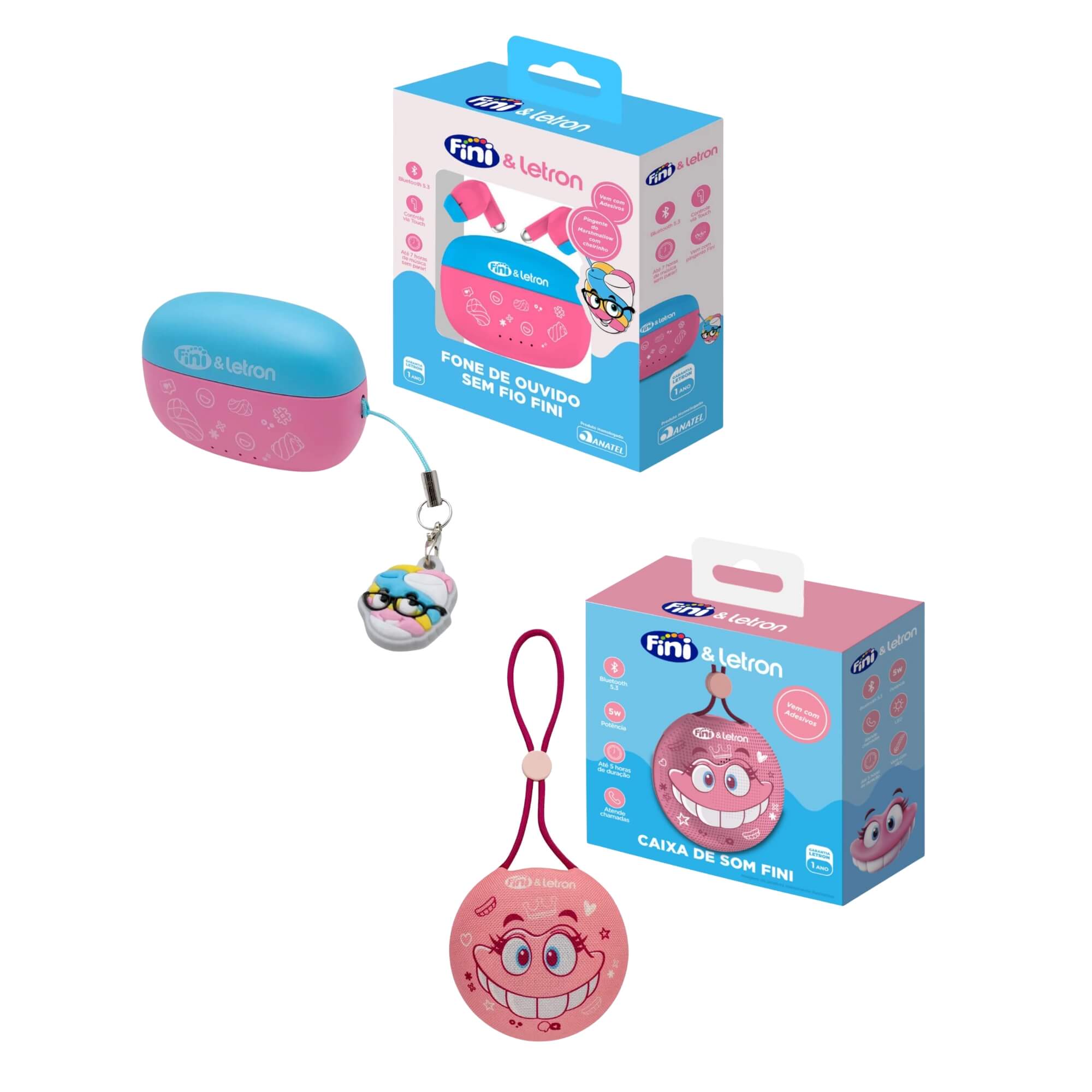 COMP Kit Fini Power Music: Fone Sem Fio Earbuds + Caixa de Som Portátil com Adesivos Leonora