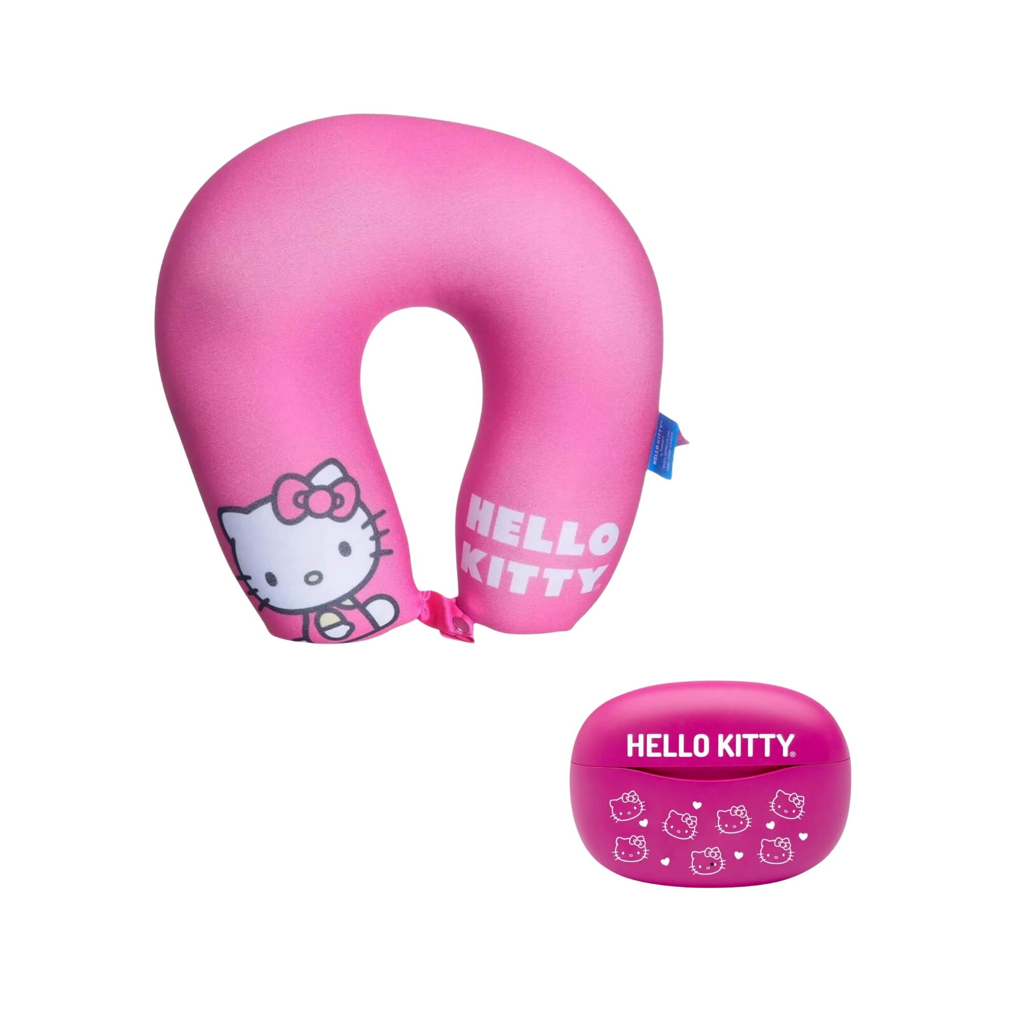 COMP Kit Viagem Hello Kitty: Almofada Pescoço Micro Pérolas + Fone Sem Fio Earbuds com Adesivos