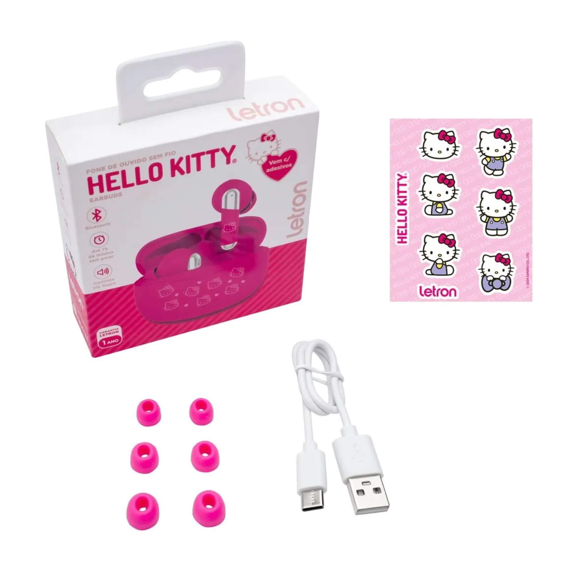 COMP Kit Viagem Hello Kitty: Almofada Pescoço Micro Pérolas + Fone Sem Fio Earbuds com Adesivos