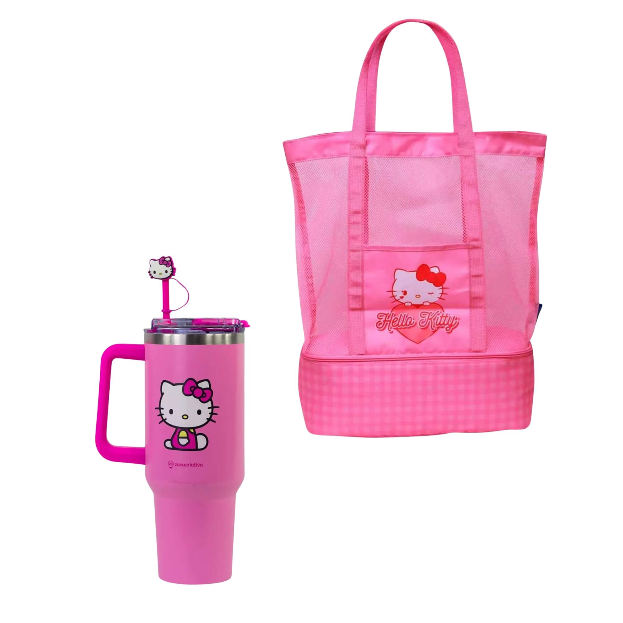 COMP Kit Hello Kitty Summer Vibes: Copo Térmico Tumbler 1,15L + Bolsa de Praia Térmica