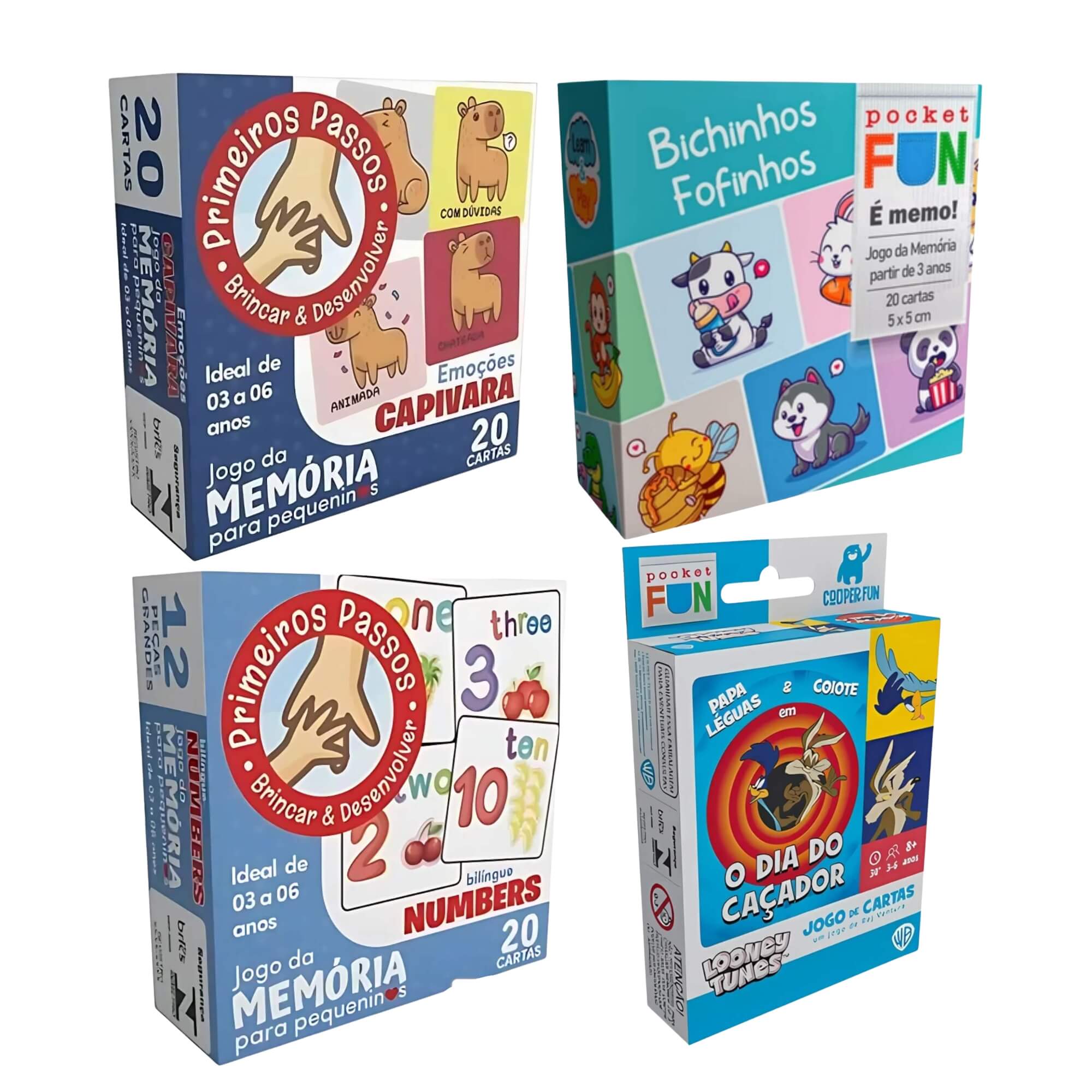 COMP Kit 4 Jogos da Memória Cooper Fun – Numbers, Emoções, Bichinhos e Looney Tunes 3+ Anos