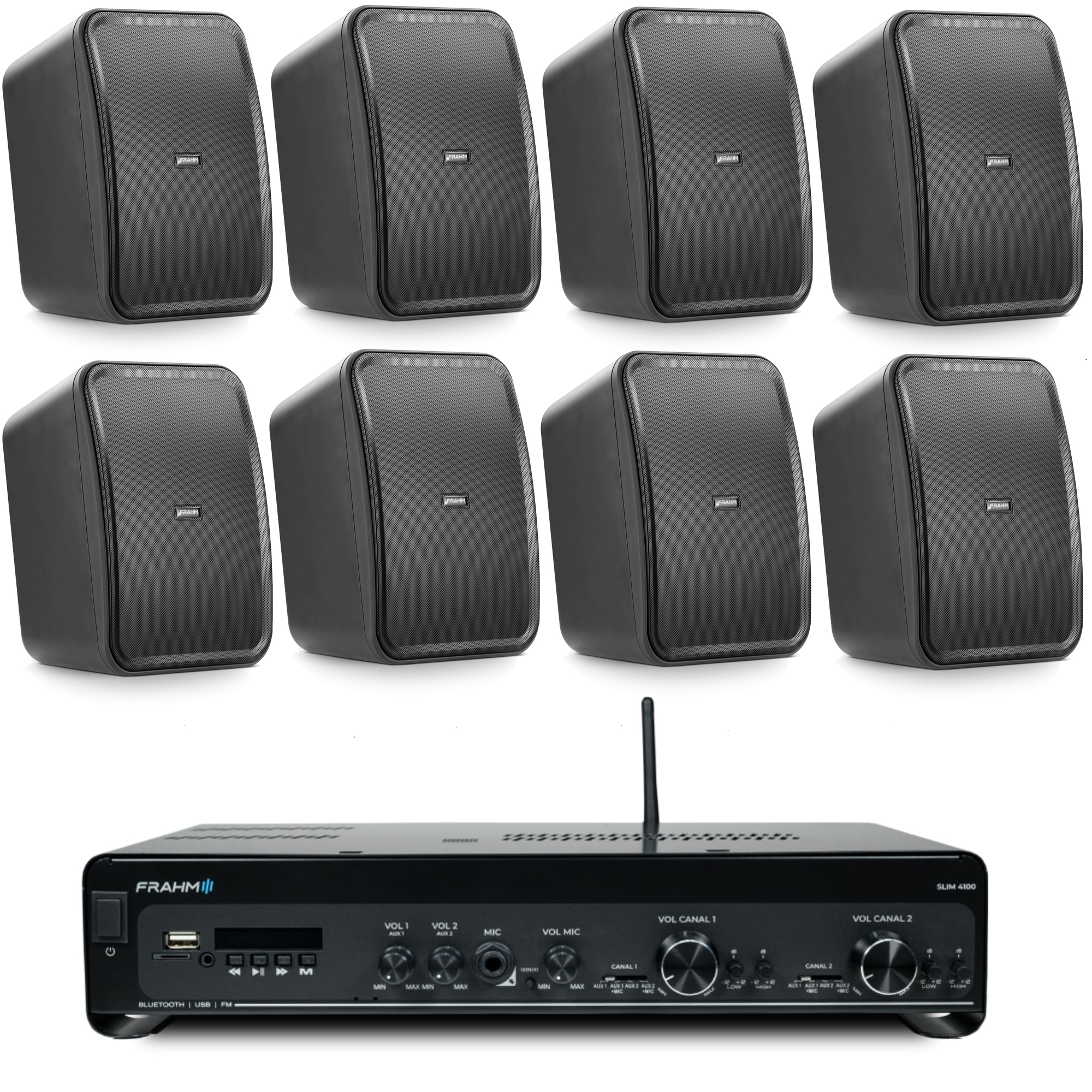 COMP Kit Som Ambiente Amplificador Slim Optical G5 300W  + 8 Caixas HS Academias 420m² - FRAHM