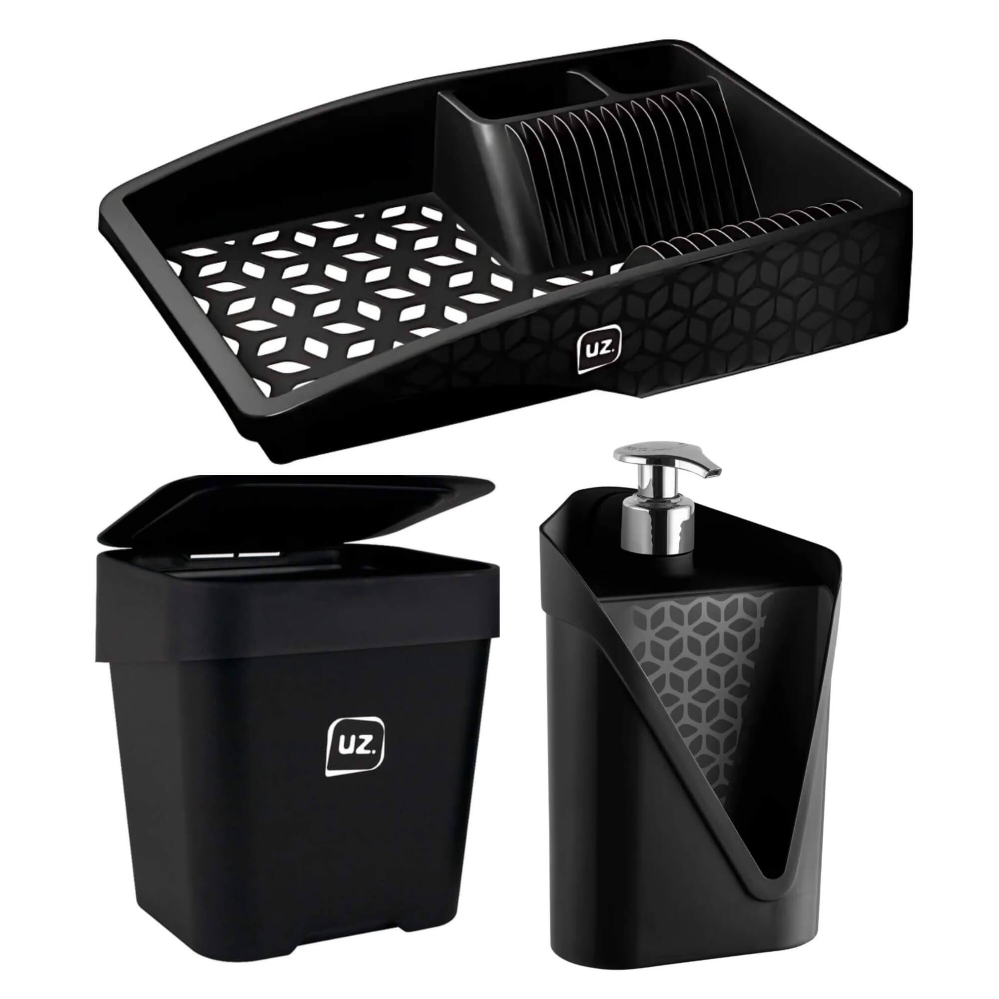 COMP Kit UZ Slim Preto - Escorredor de Louças, Lixeira de Pia 2,5L e Porta Detergente Click 500ml