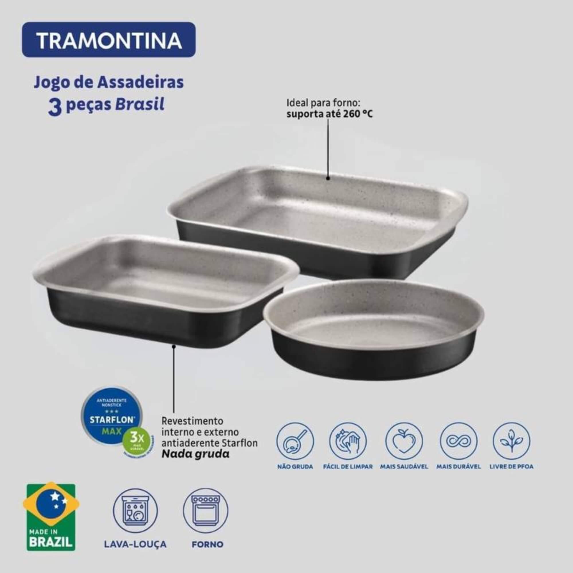 Jogo de Assadeiras em Alumínio com Revestimento Antiaderente 3 Peças Preto Tramontina - 20099090
