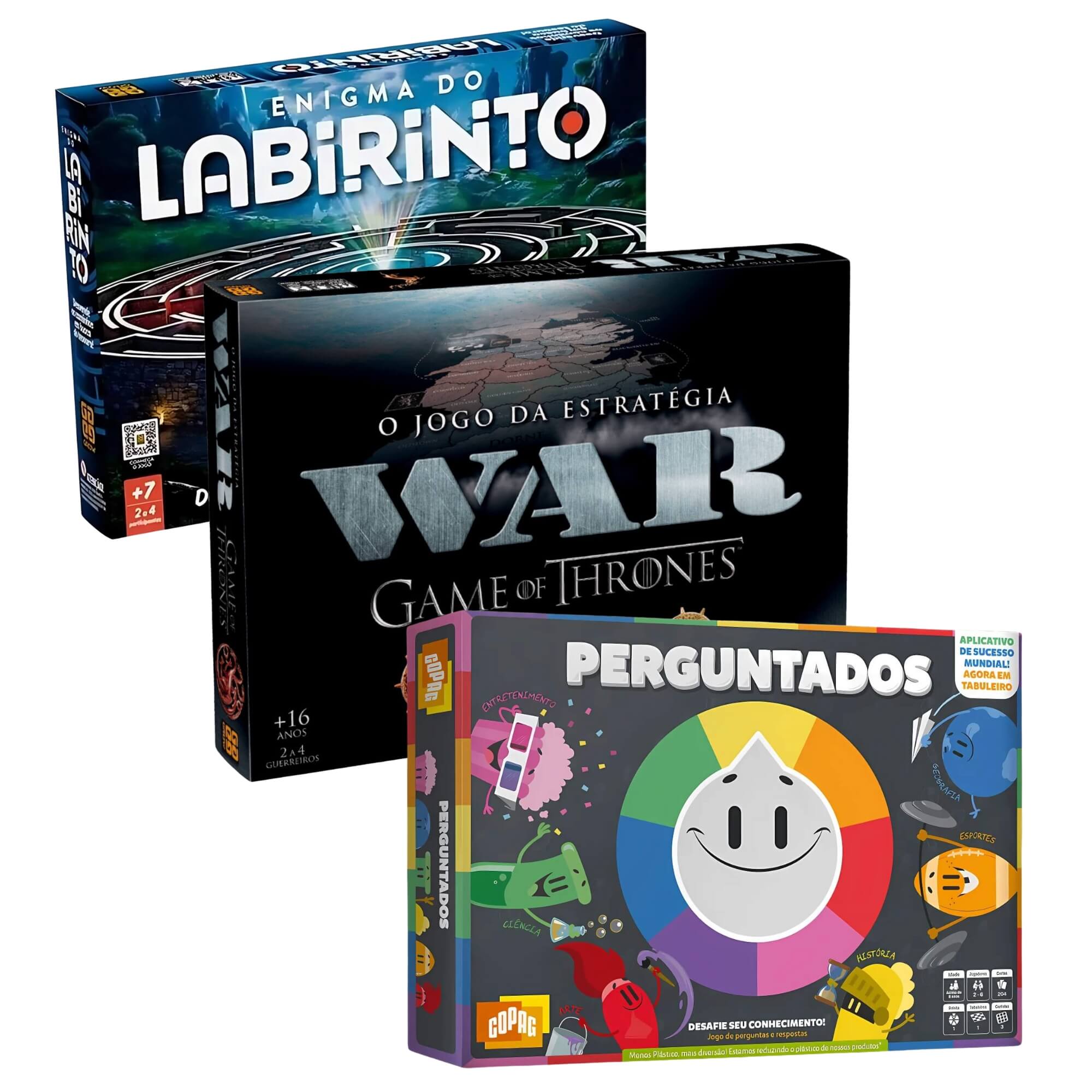 COMP Kit c/ 3 Jogos Noite em Família: Enigma do Labirinto, War Game of Thrones e Perguntados