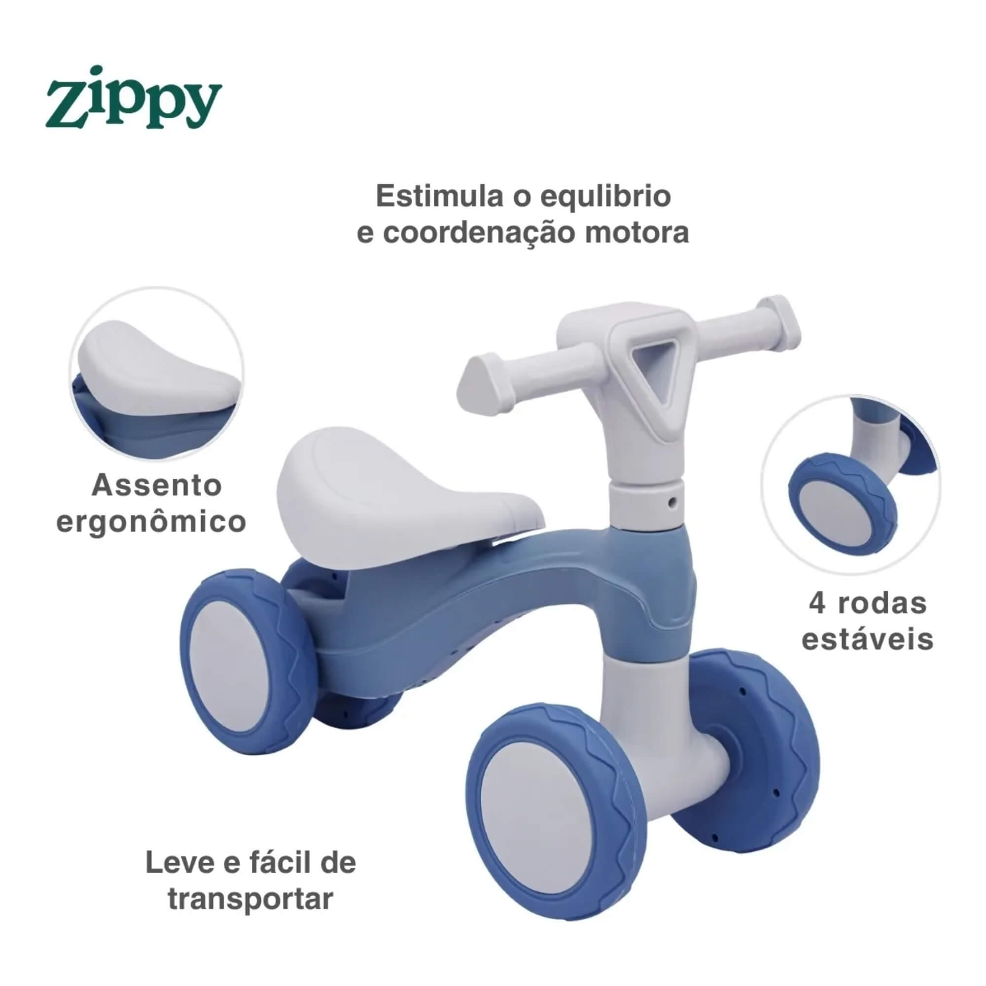 Bicicleta Andador Infantil Equilíbrio Sem Pedal 4 Rodas Azul Zippy Toys - 11090