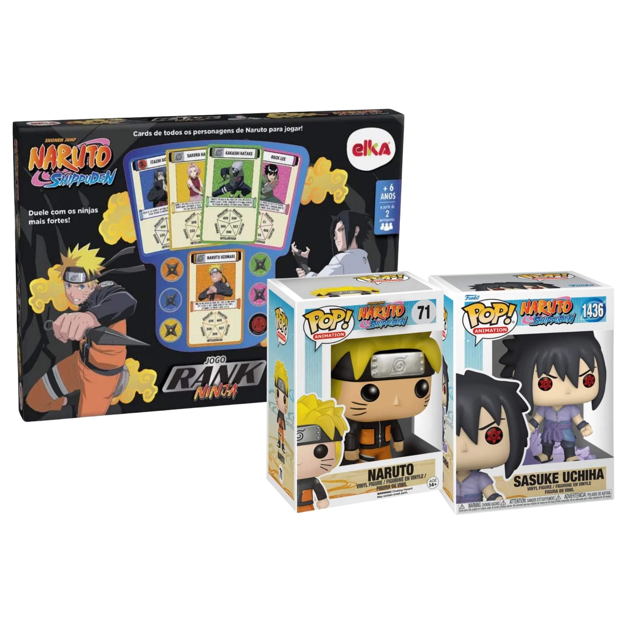 COMP Kit Naruto Shippuden: Jogo de Tabuleiro Rank Ninja + 2 Funko Pops (Naruto e Sasuke Susano’o)
