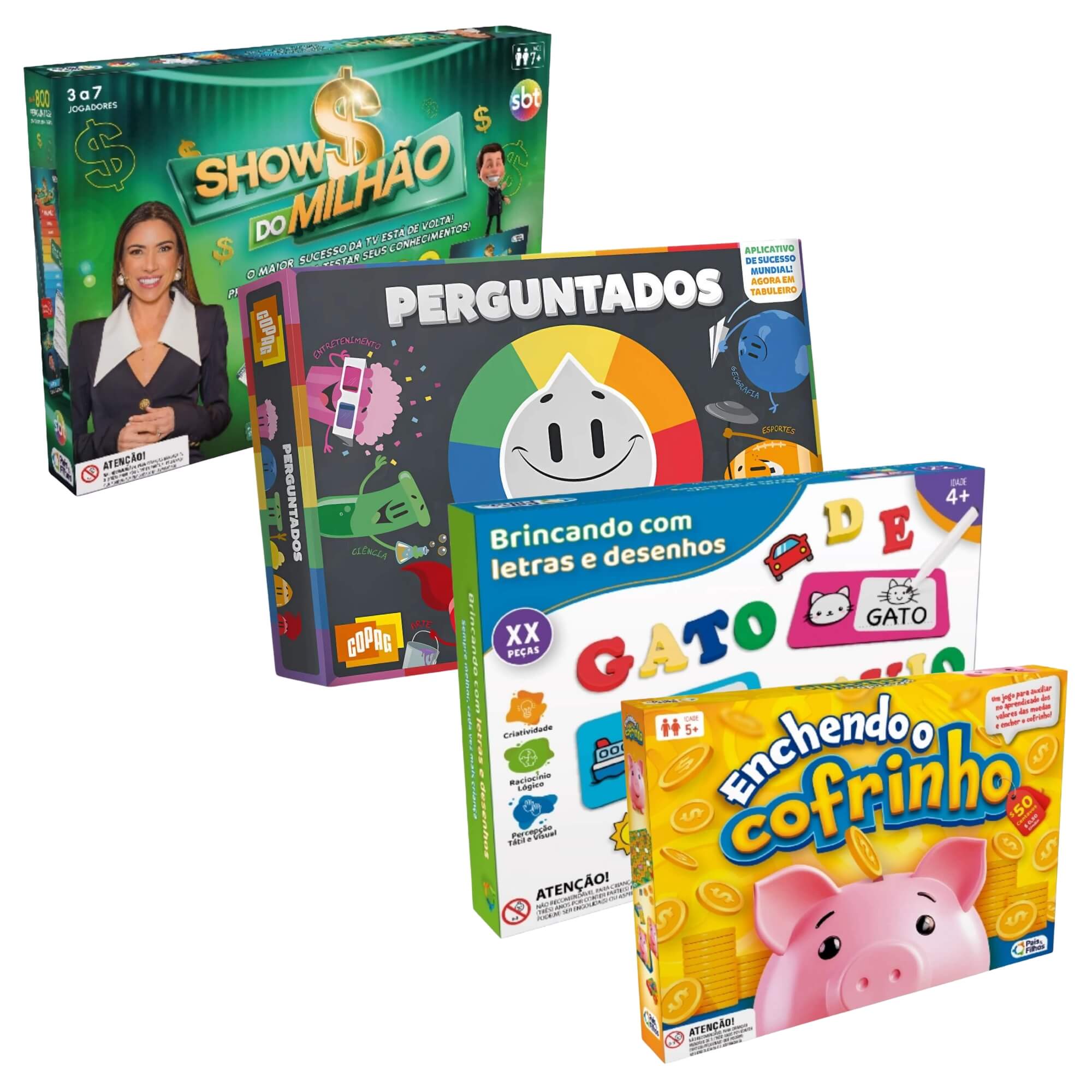 COMP Kit c/ 4 Jogos Aprenda Brincando: Show do Milhão, Perguntados, Letras e Desenhos e Cofrinho