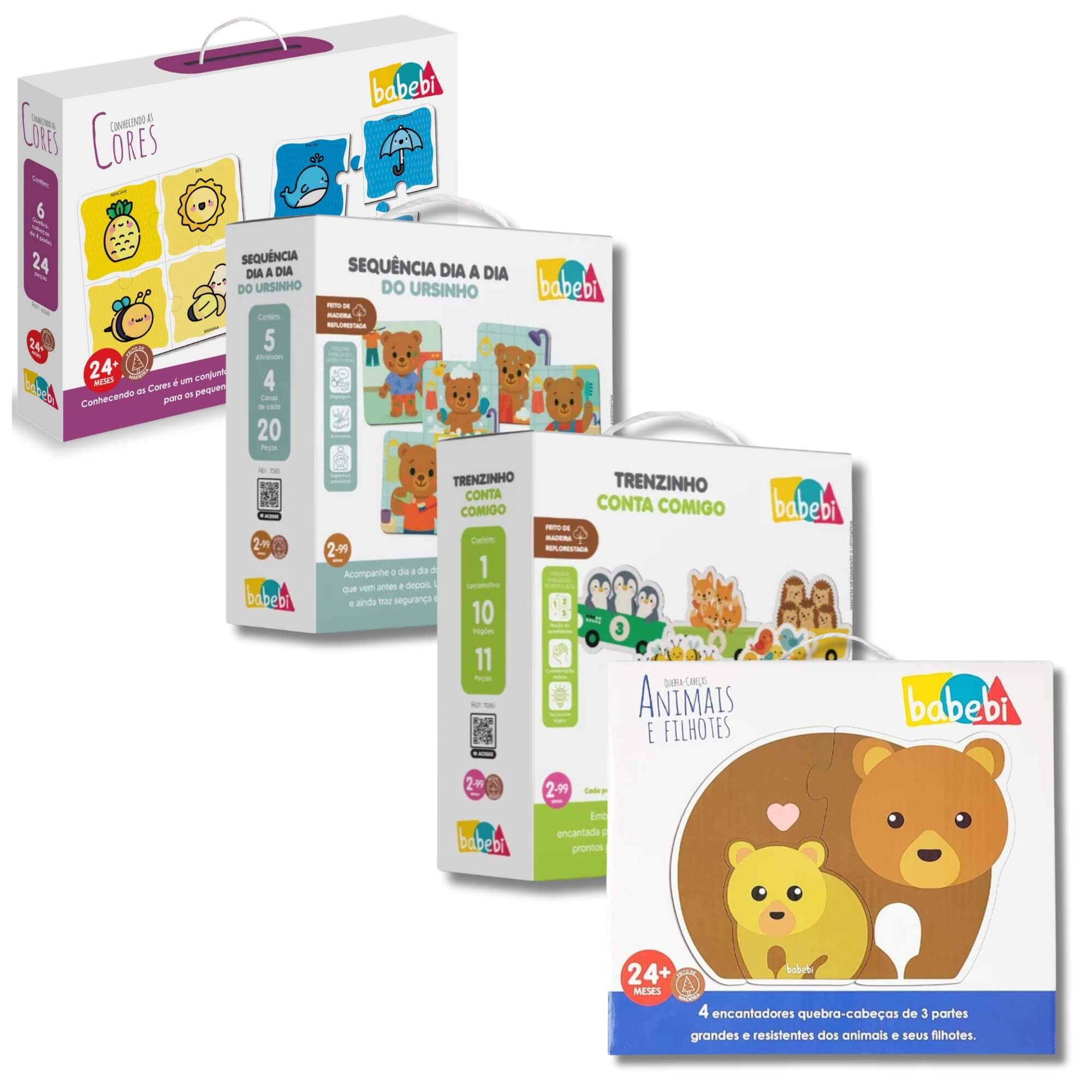 COMP Kit c/ 4 Jogos para Primeira Infância: Cores, Sequência, Contagem e Quebra-Cabeça em MDF
