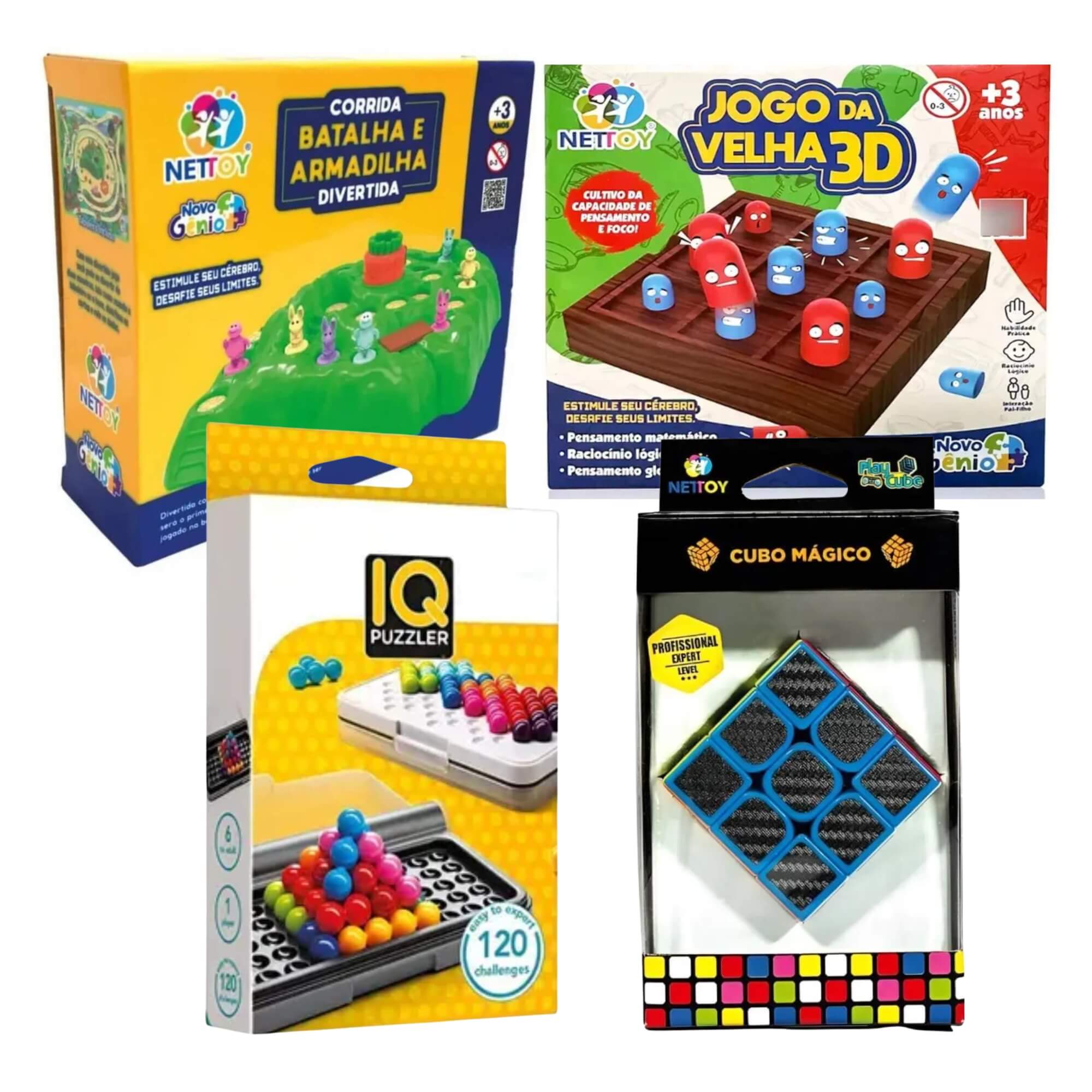 COMP Kit 4 Jogos de Desafio Lógico: Batalha,  Jogo da Velha 3D, IQ Puzzler e Cubo Mágico