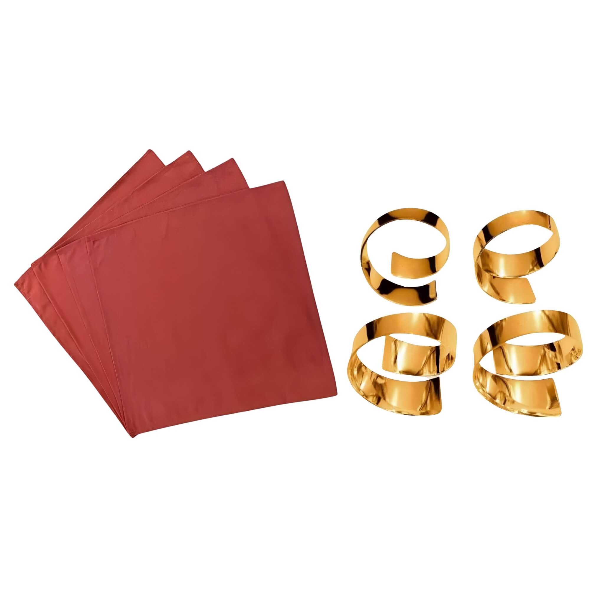 COMP Kit Decoração de Natal: 4 Guardanapos de Algodão Vermelhos + 4 Argolas de Metal Douradas