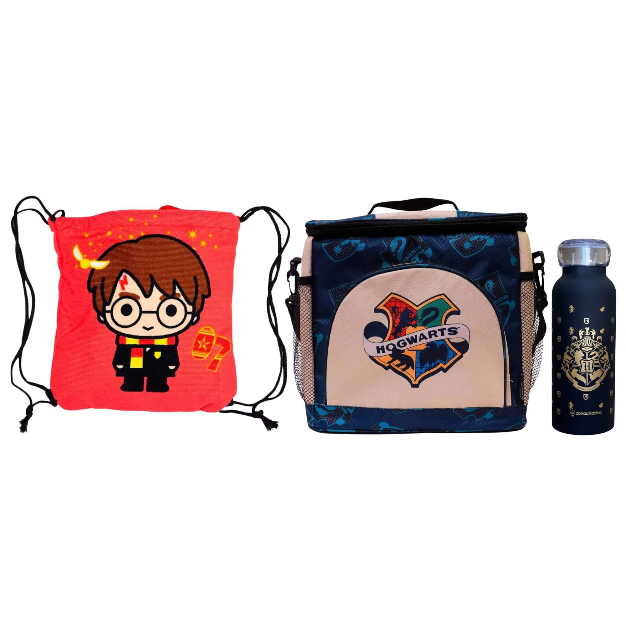 COMP Kit Harry Potter: Toalha de Praia 2 em 1 Mochila, Bolsa Térmica e Garrafa Bubble 500ml