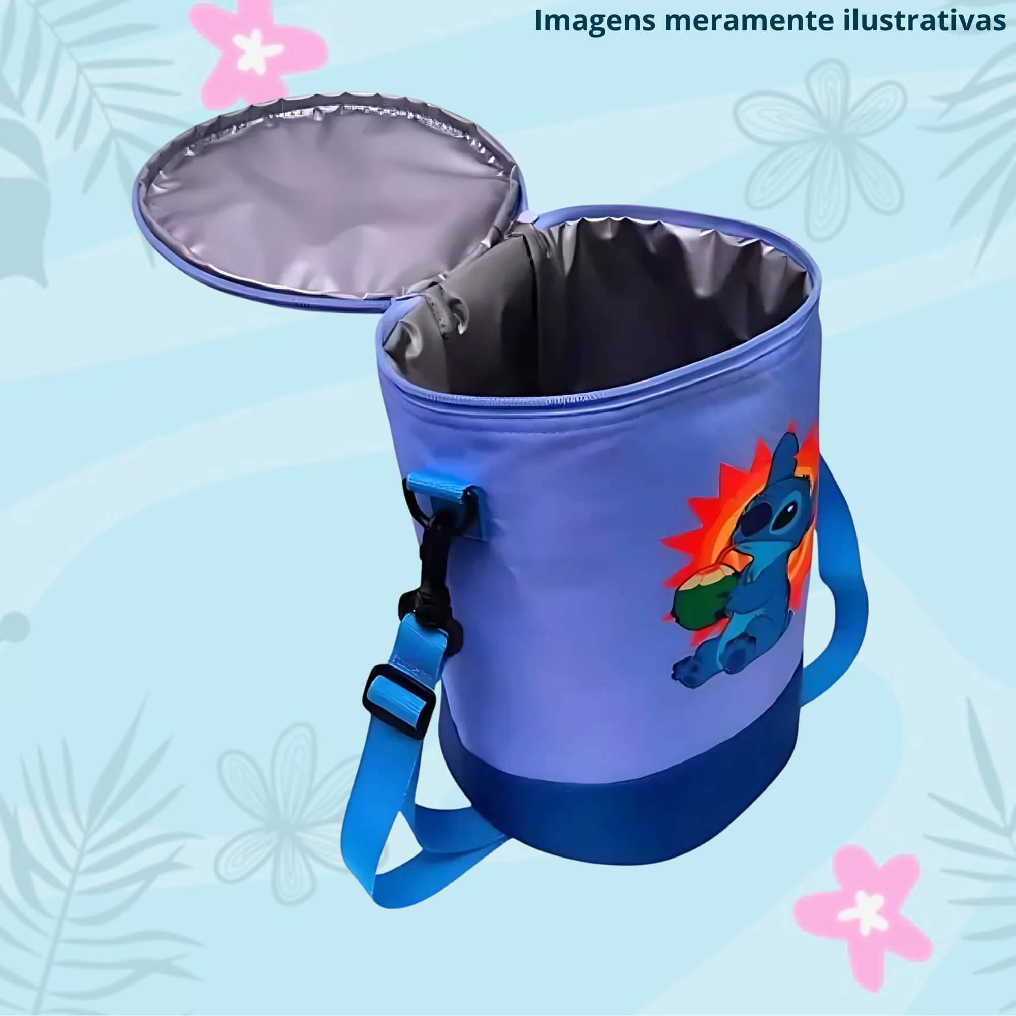 COMP Kit Verão com Stitch Disney: Toalha de Praia 2 em 1 Sacola e Bolsa Térmica Cilíndrica 9L