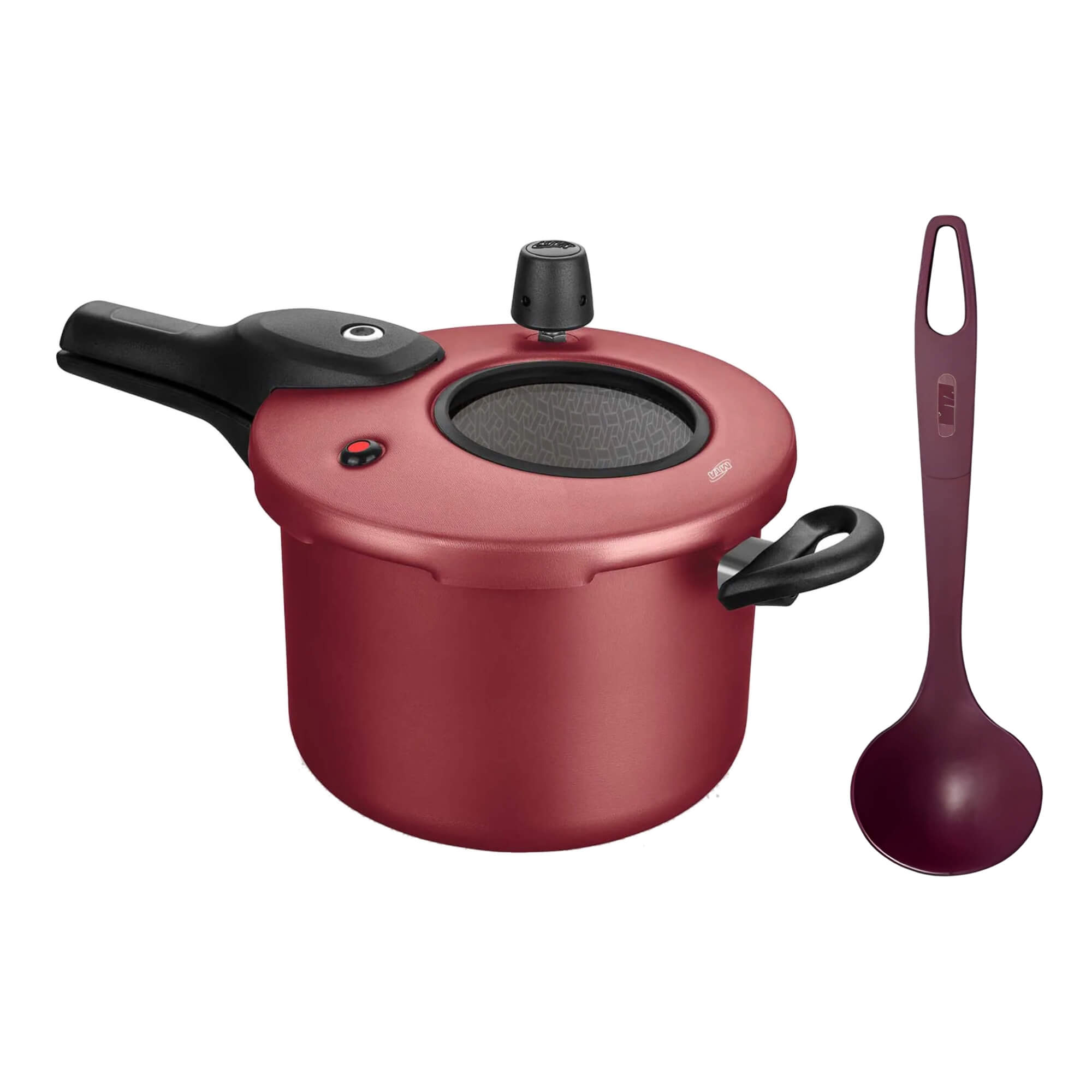 Kit MTA: Panela de Pressão Antiaderente c/ Visor 4,5L Cereja + Concha de Nylon Supreme Vinho