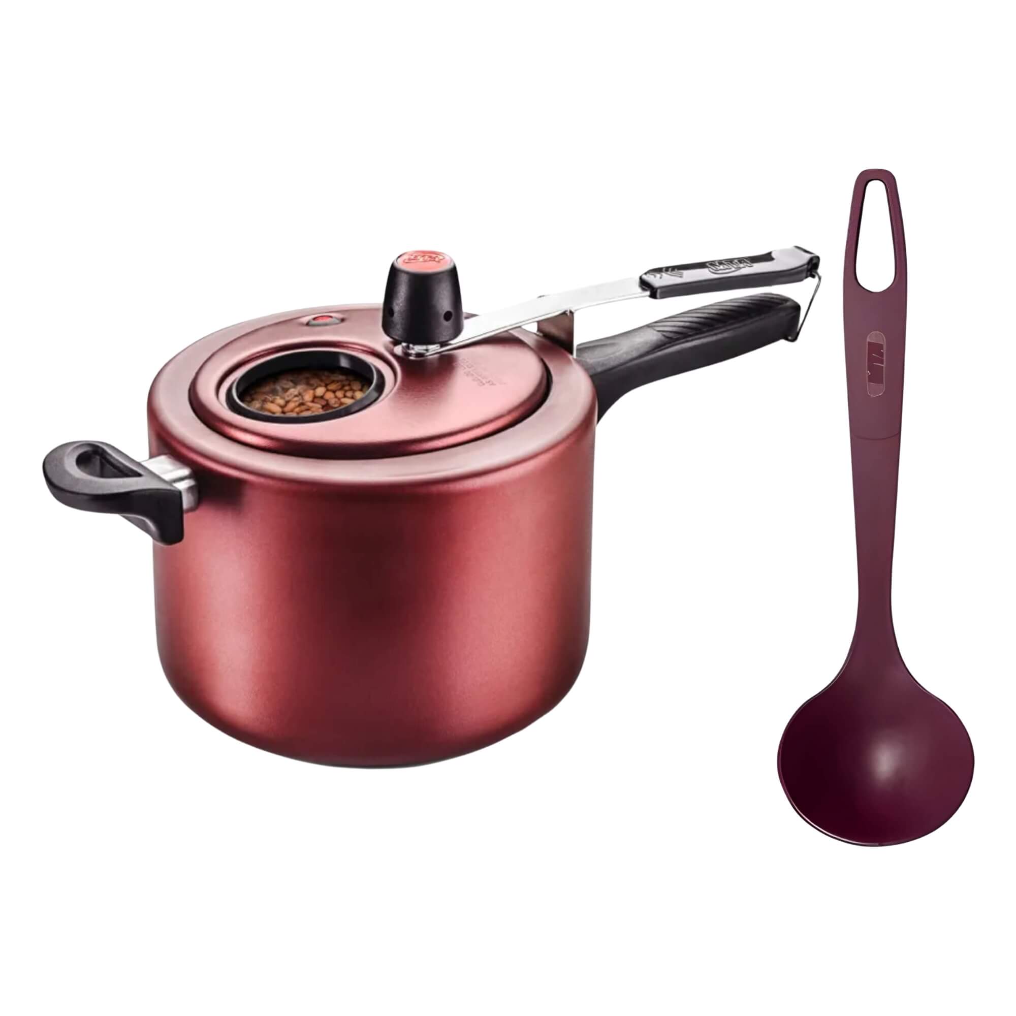 COMP Kit MTA: Panela de Pressão Antiaderente c/ Visor 4,5L Cereja + Concha de Nylon Supreme Vinho