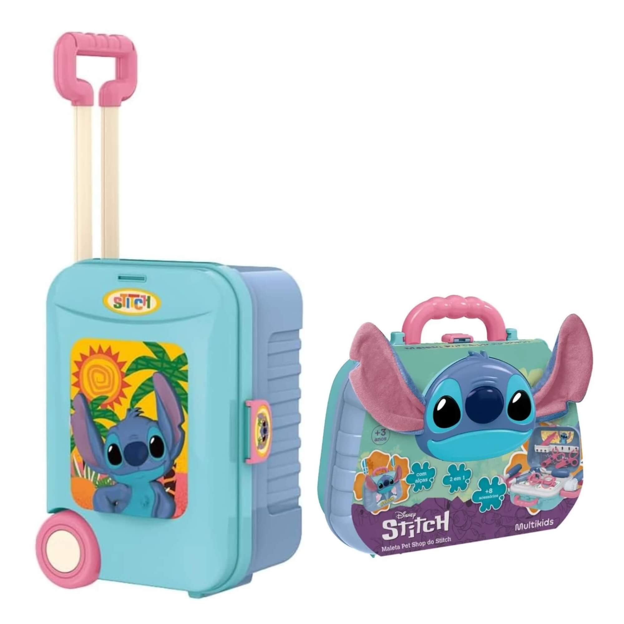 COMP Kit Brinquedo Infantil 2 Maletas Stitch Disney: Café 3 em 1 + Pet Shop 2 em 1 (3+ Anos)