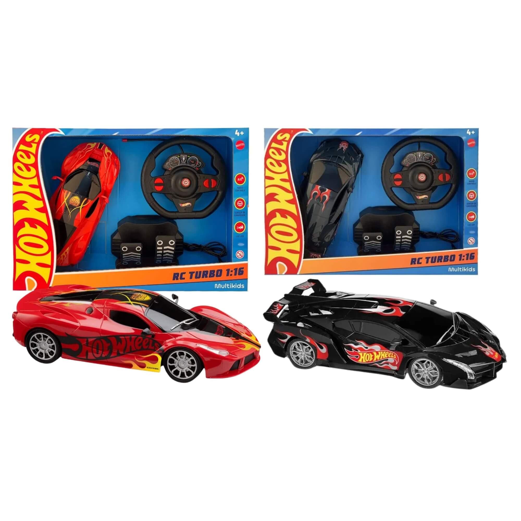 COMP Kit Brinquedos Infantis 2 Carrinhos de Controle Remoto Hot Wheels: Vermelho e Preto 4+ Anos