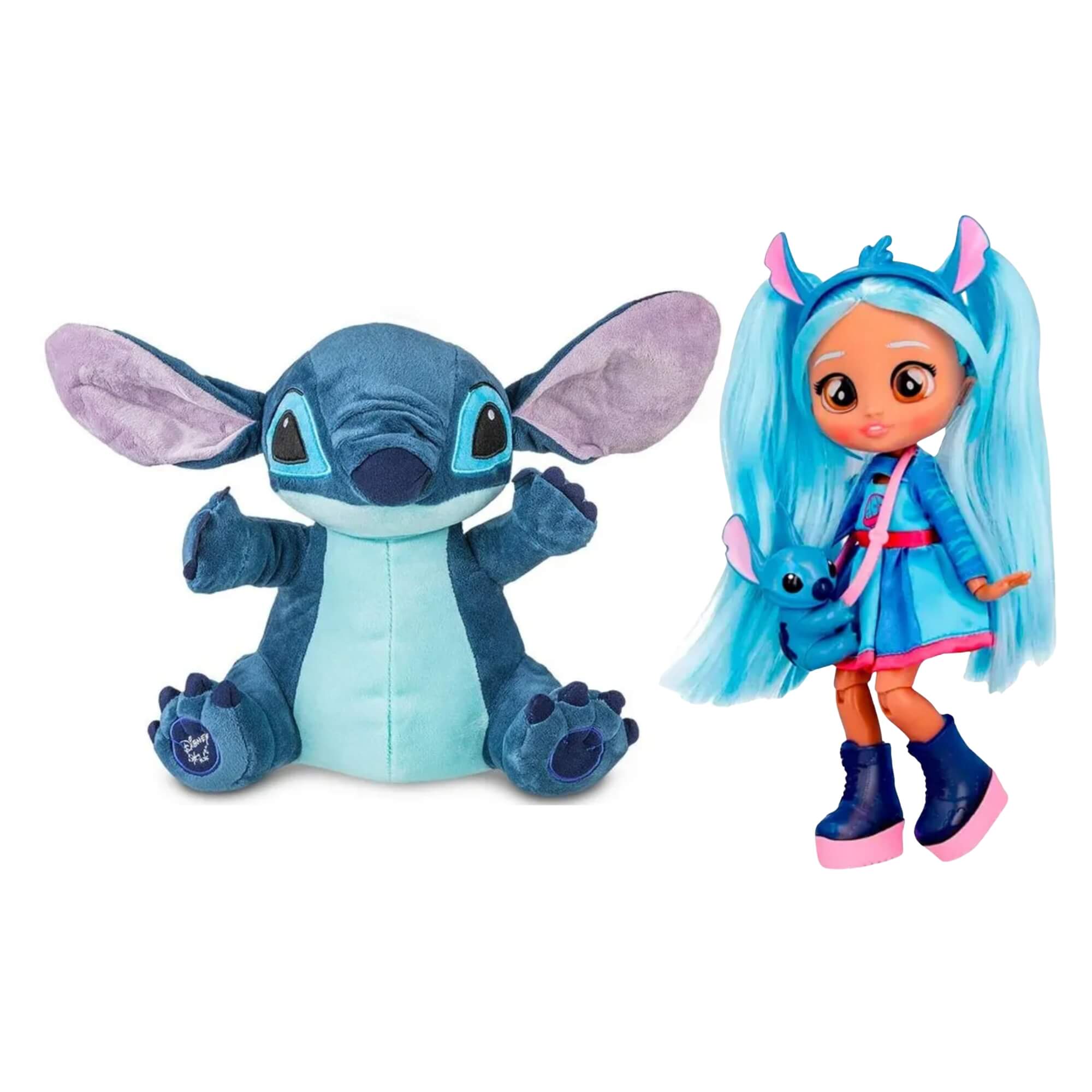 COMP Kit Stitch Disney: Pelúcia 30cm com Luz e Som + Boneca BFF Cry Babies (3+ Anos)