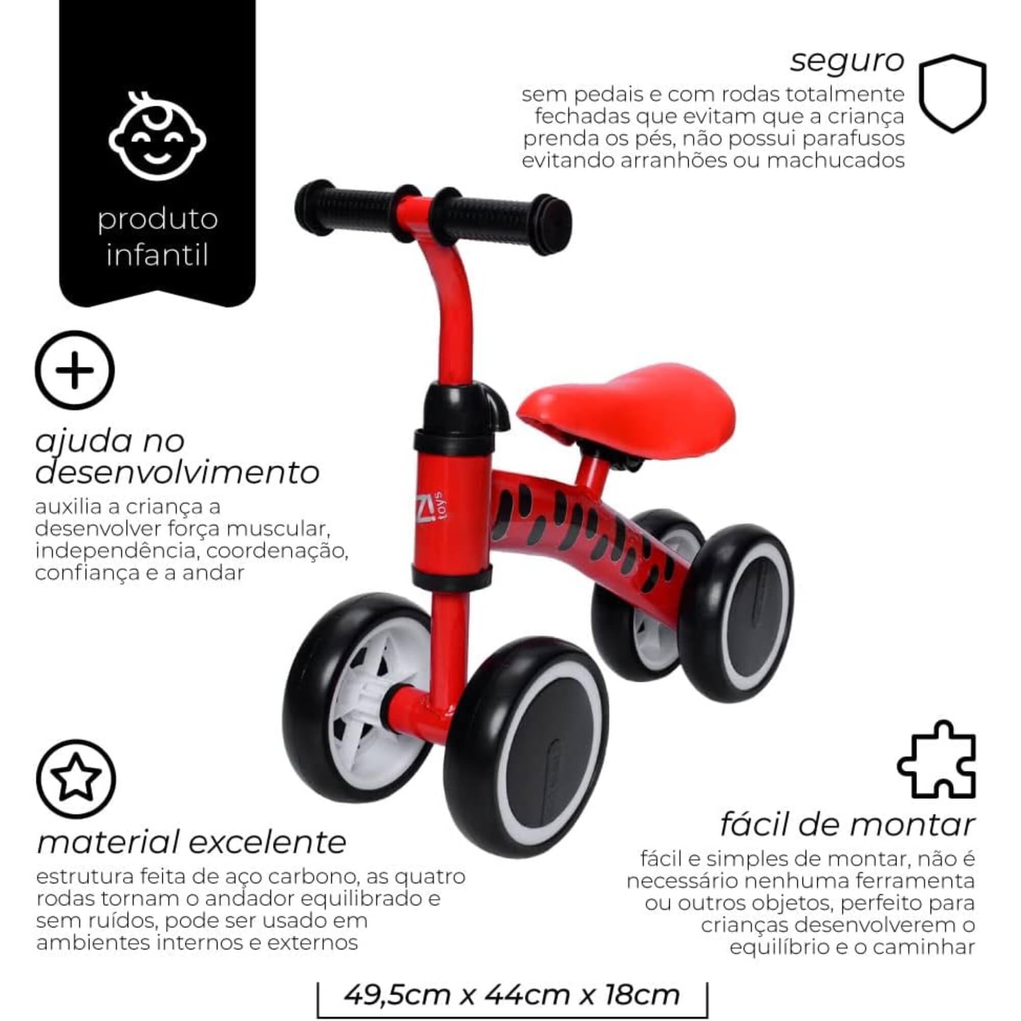Andador Infantil Vermelho Equilíbrio Sem Pedal 4 Rodas Zippy Toys - 7626