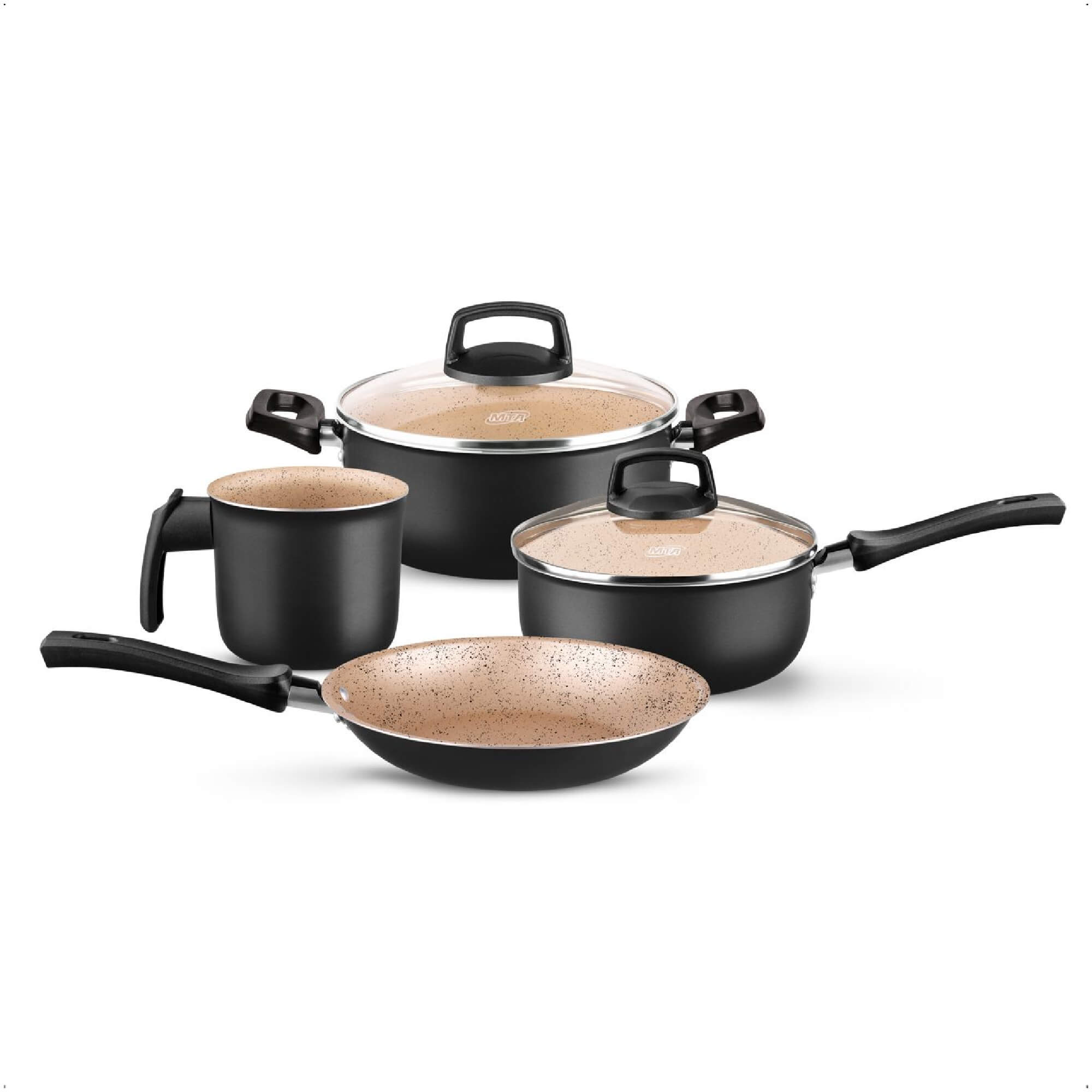 VAR Conjunto de Panelas Safira MTA Antiaderente Preto/Bege em Alumínio com 4, 5 ou 7 Peças