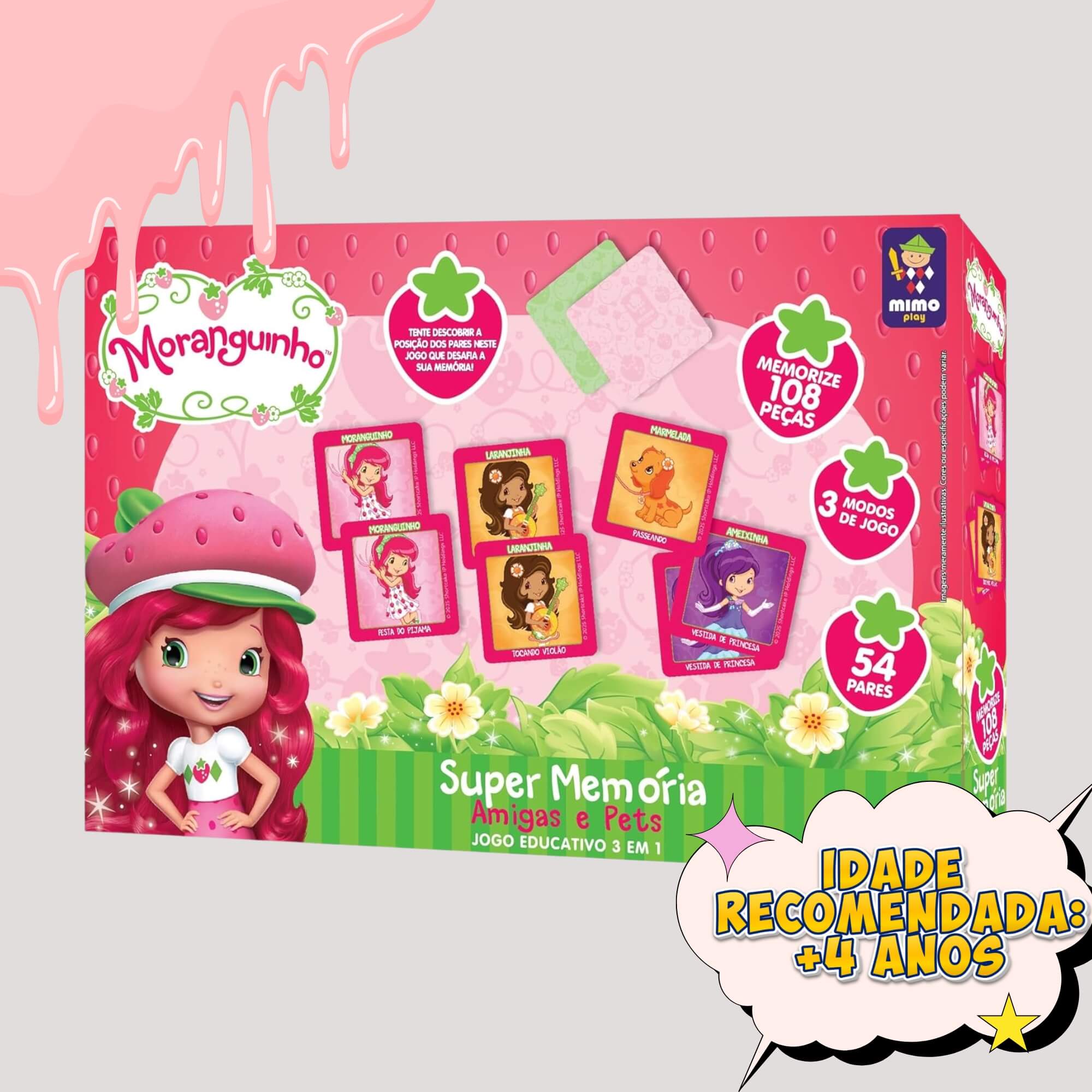 Jogo Super Memória 3 em 1 da Moranguinho com 108 peças Mimo Toys - 4123