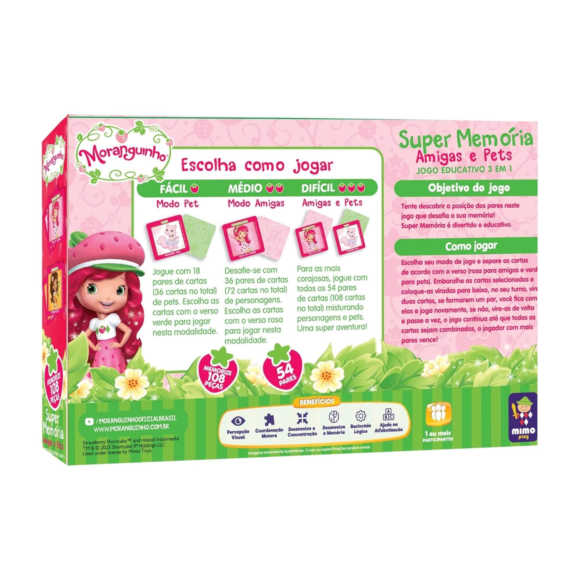 Jogo Super Memória 3 em 1 da Moranguinho com 108 peças Mimo Toys - 4123