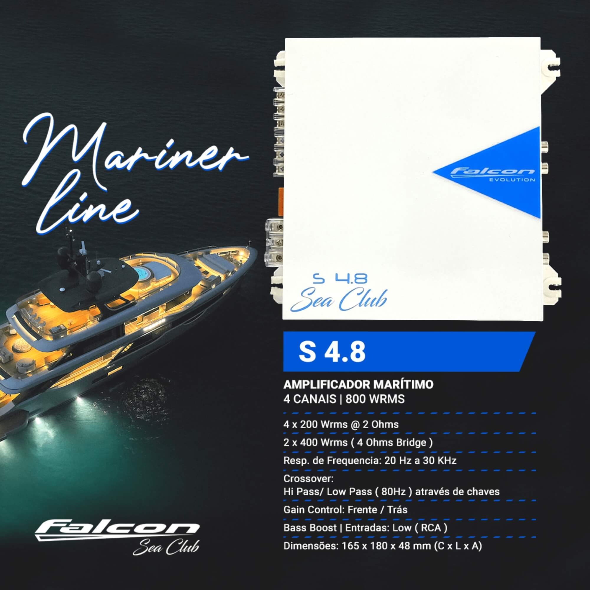 Módulo de Potência Marinizado Sea Club 4.8 800W Rms 4 canais cor Branco Falcon - S 4.8