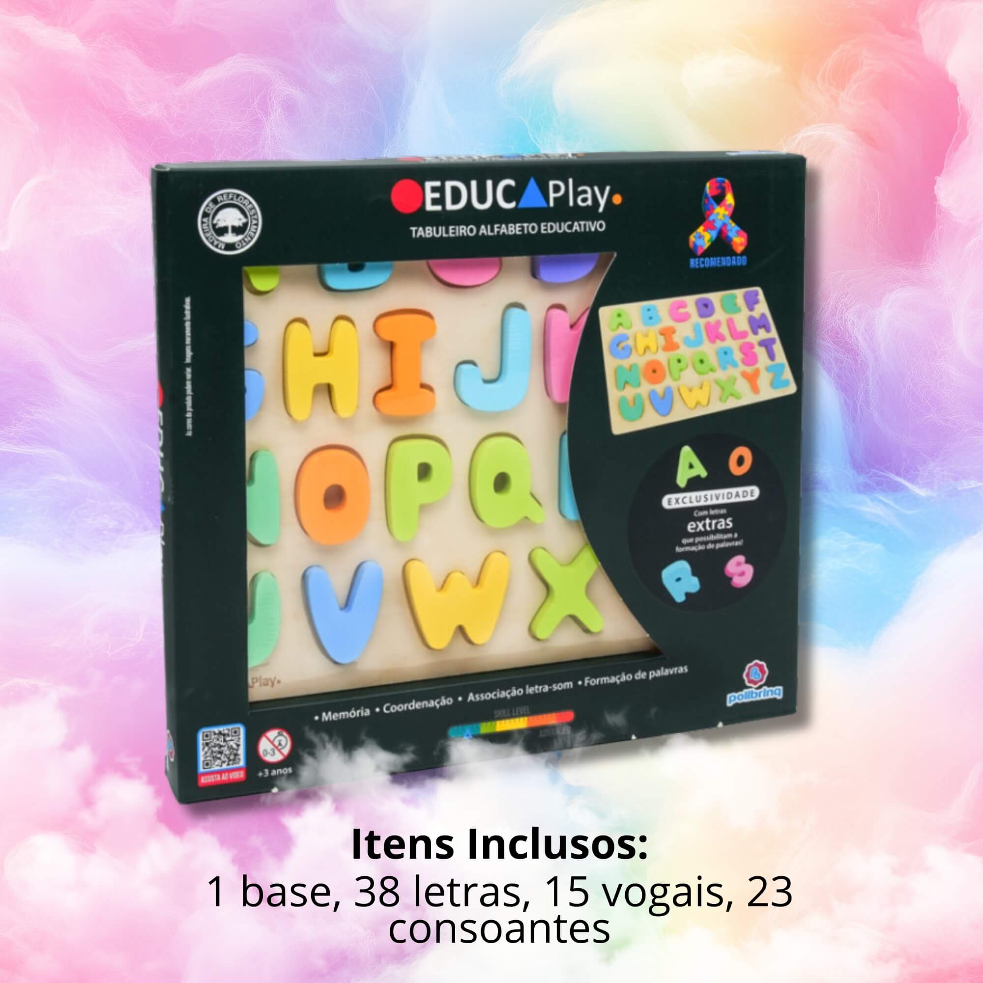 Jogo Tabuleiro Alfabeto Educativo Caixa Alta de Madeira +3 Anos Polibrinq - BDM40