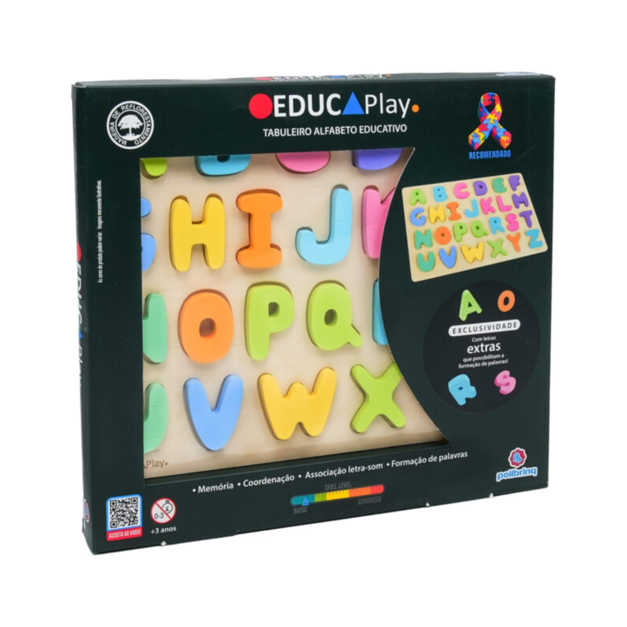 Jogo Tabuleiro Alfabeto Educativo Caixa Alta de Madeira +3 Anos Polibrinq - BDM40