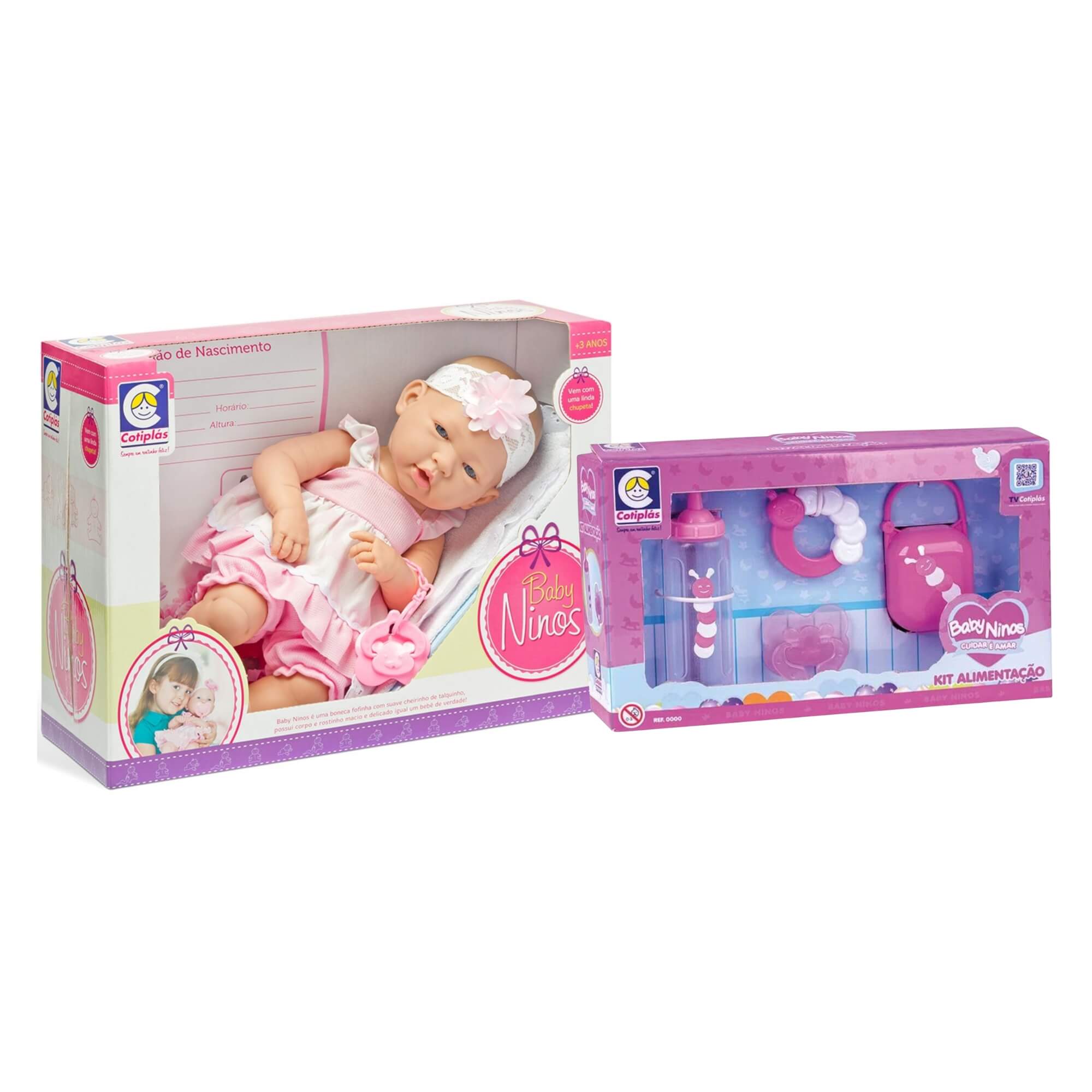 Kit Baby Ninos: Boneca c/ Chupeta e Certidão de Nascimento + Acessórios de Alimentação