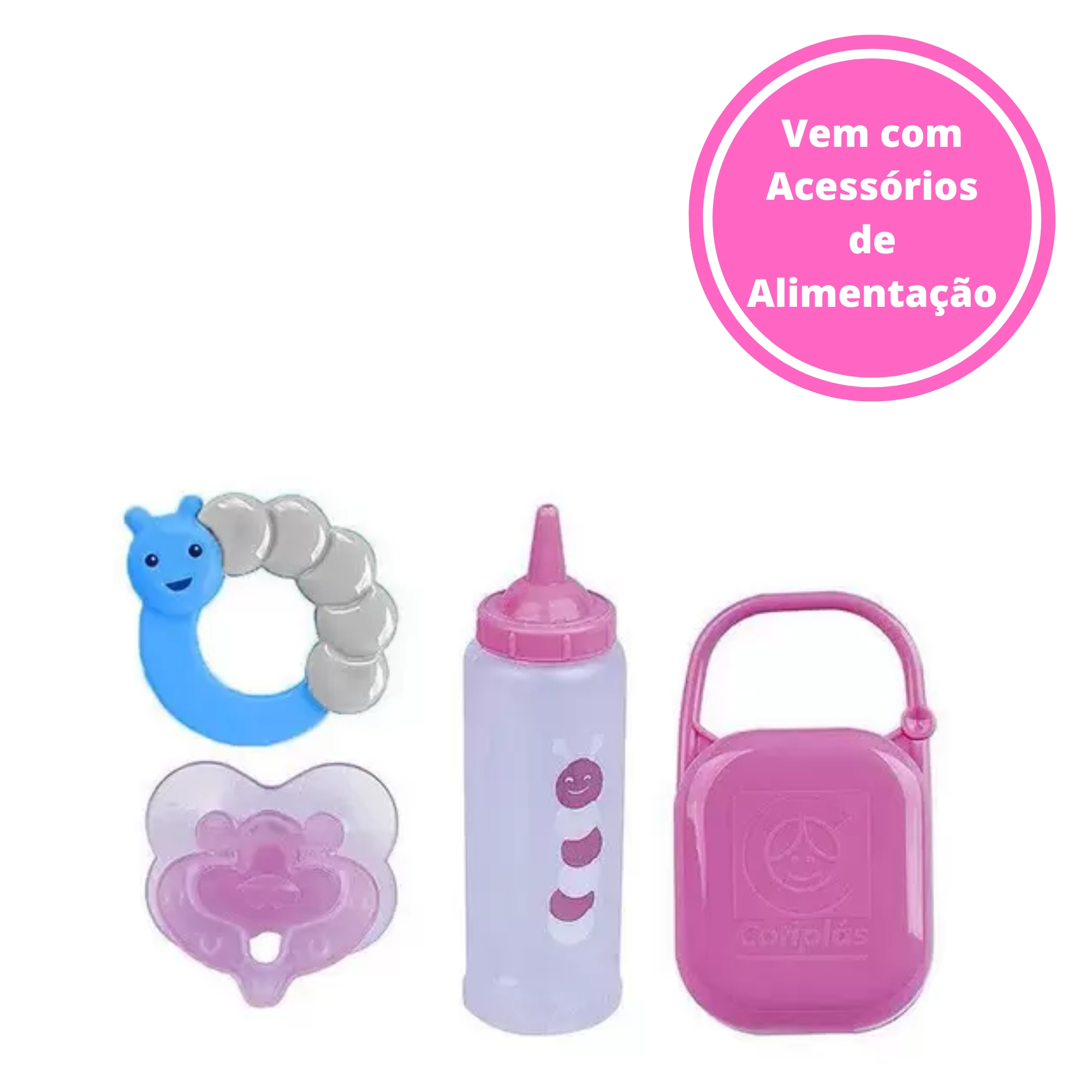 COMP Kit Baby Ninos: Boneca c/ Chupeta e Certidão de Nascimento + Acessórios de Alimentação