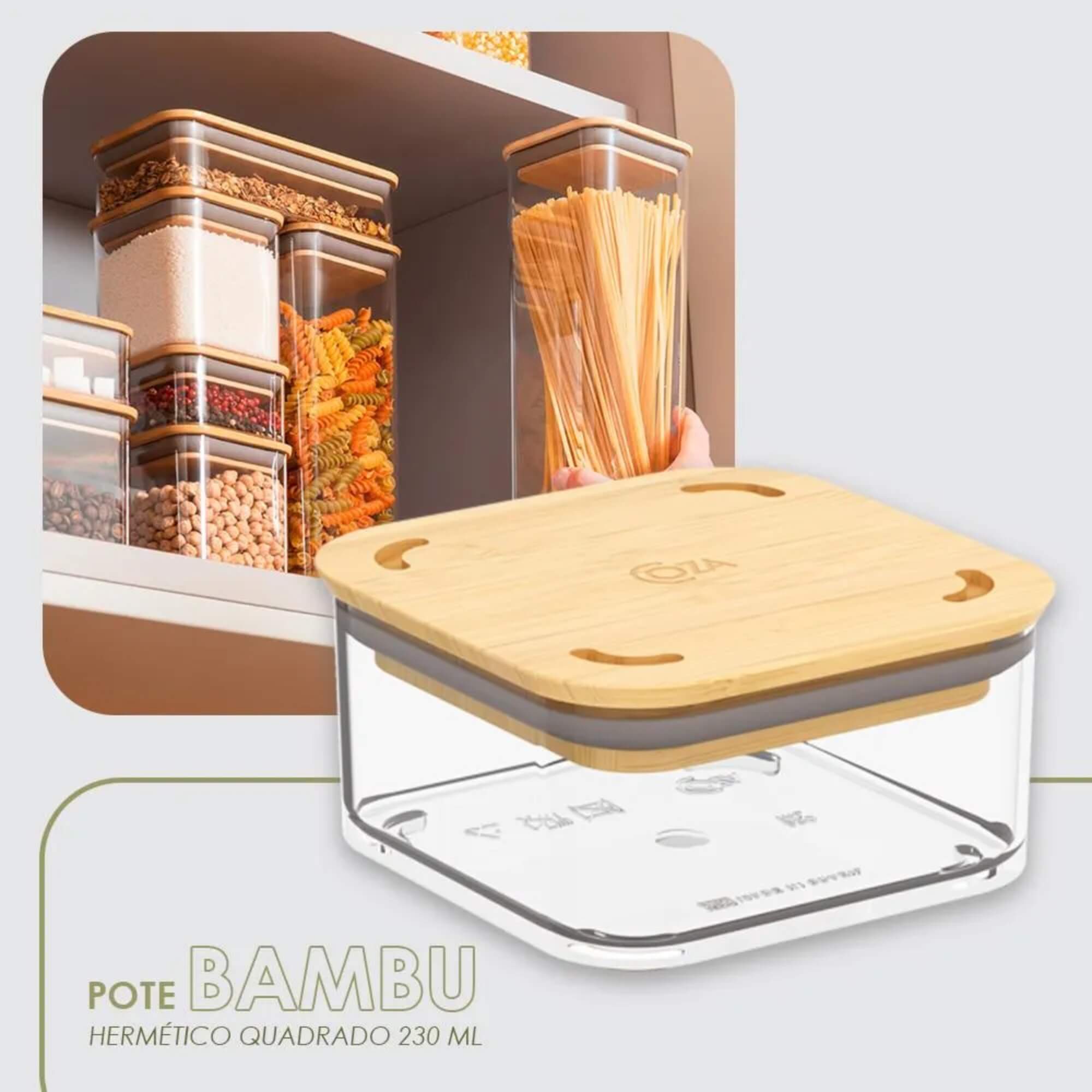 COMP Kit 3 Potes Herméticos Coza Modo Bambu 230ml 580ml 1,2L Tampa Bambu Cristal Brinox