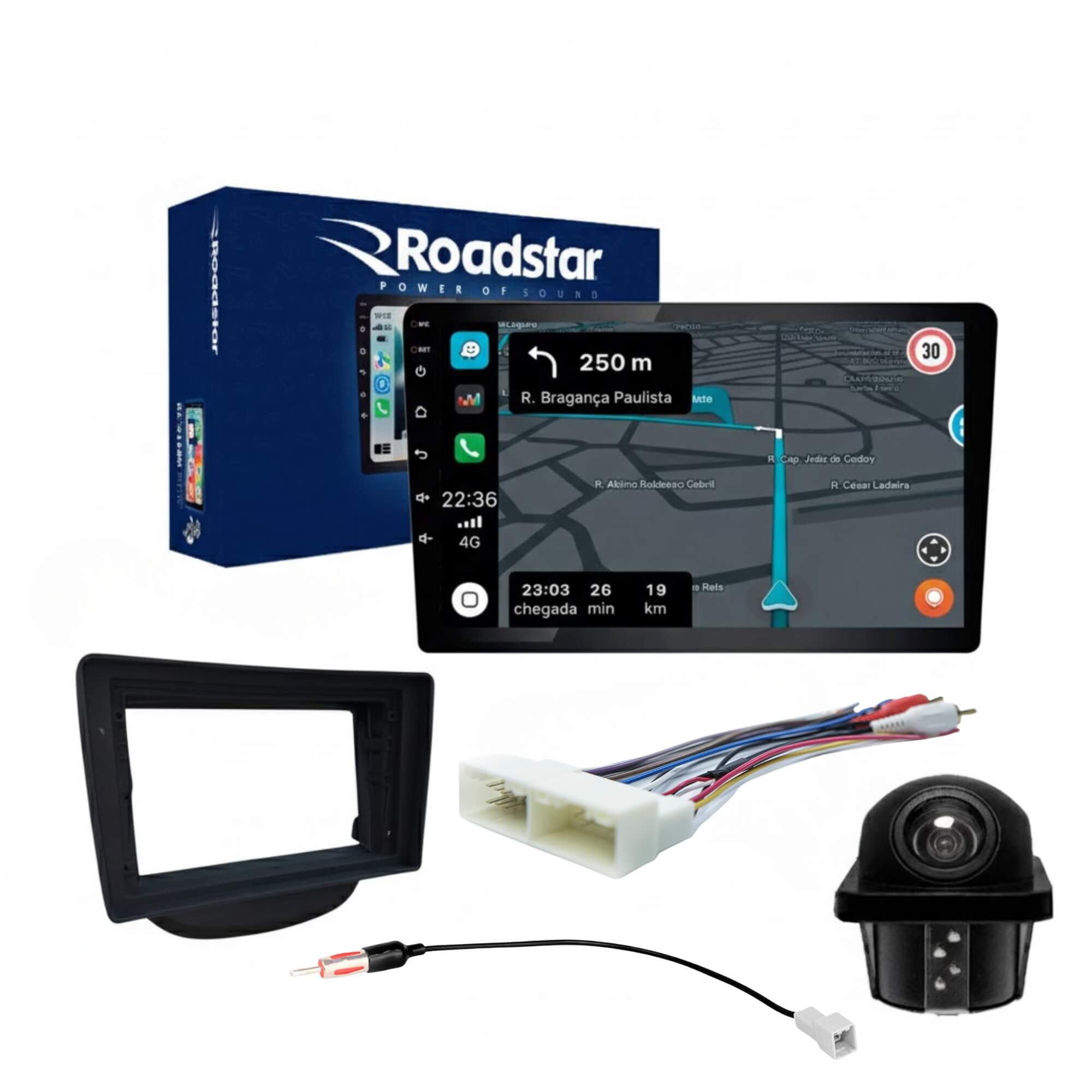 COMP Kit Multimídia Roadstar RS-915BR 9” HB20 + Moldura Expex + Câmera de Ré Android + Chicotes