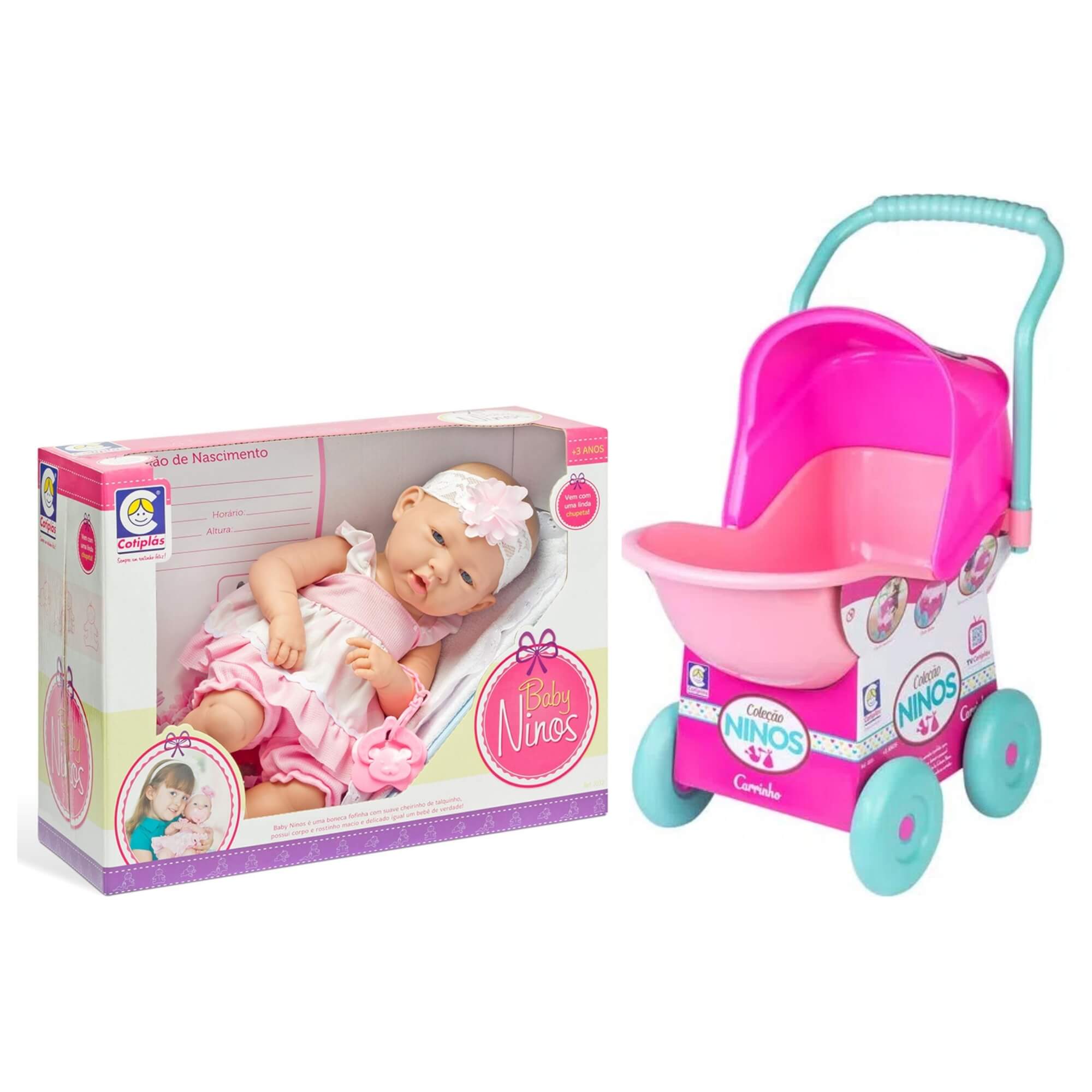 COMP Kit Mamãe e Bebê: Boneca com Acessórios + Carrinho de Boneca Rosa com Capota Regulável