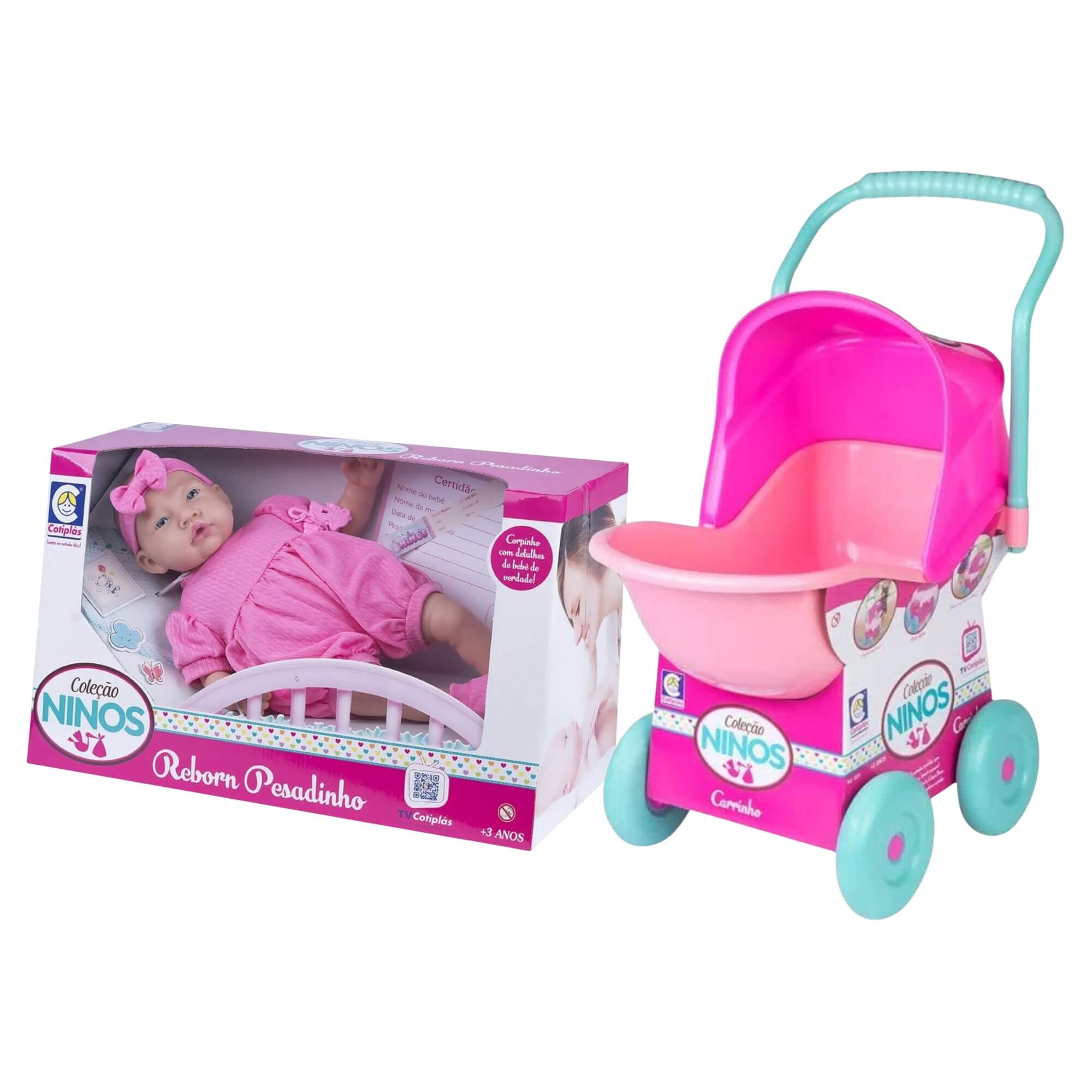 COMP Kit Mamãe e Bebê: Boneca Reborn Pesadinho + Carrinho de Boneca Rosa com Capota Regulável