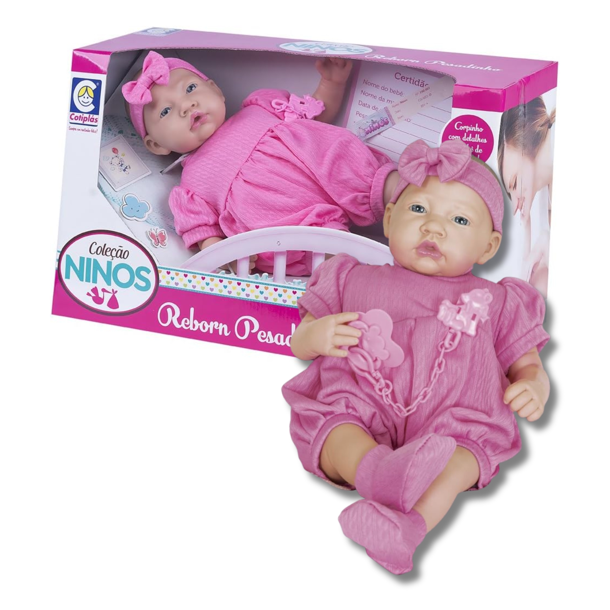 COMP Kit Mamãe e Bebê: Boneca Reborn Pesadinho + Carrinho de Boneca Rosa com Capota Regulável