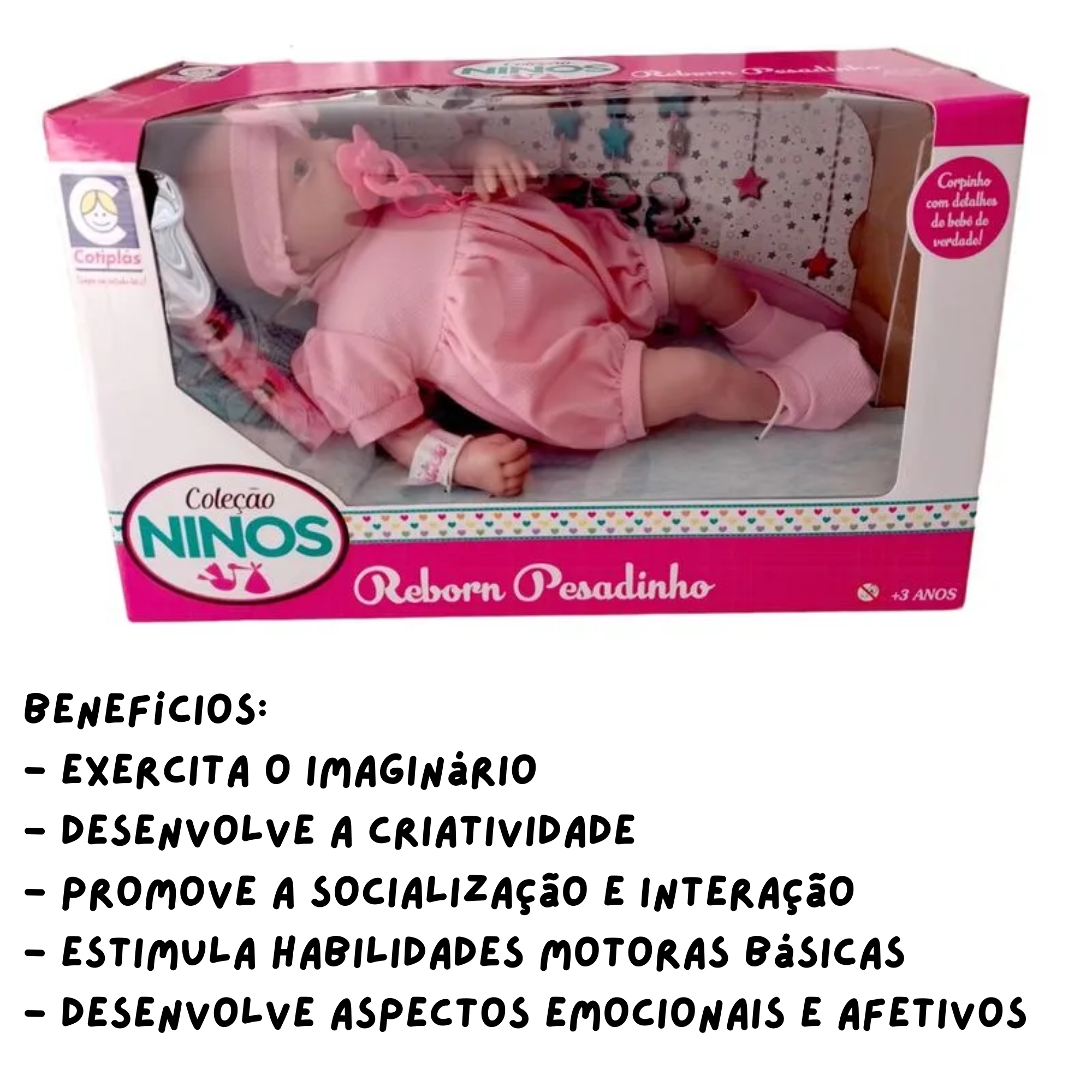COMP Kit Mamãe e Bebê: Boneca Reborn Pesadinho + Carrinho de Boneca Rosa com Capota Regulável