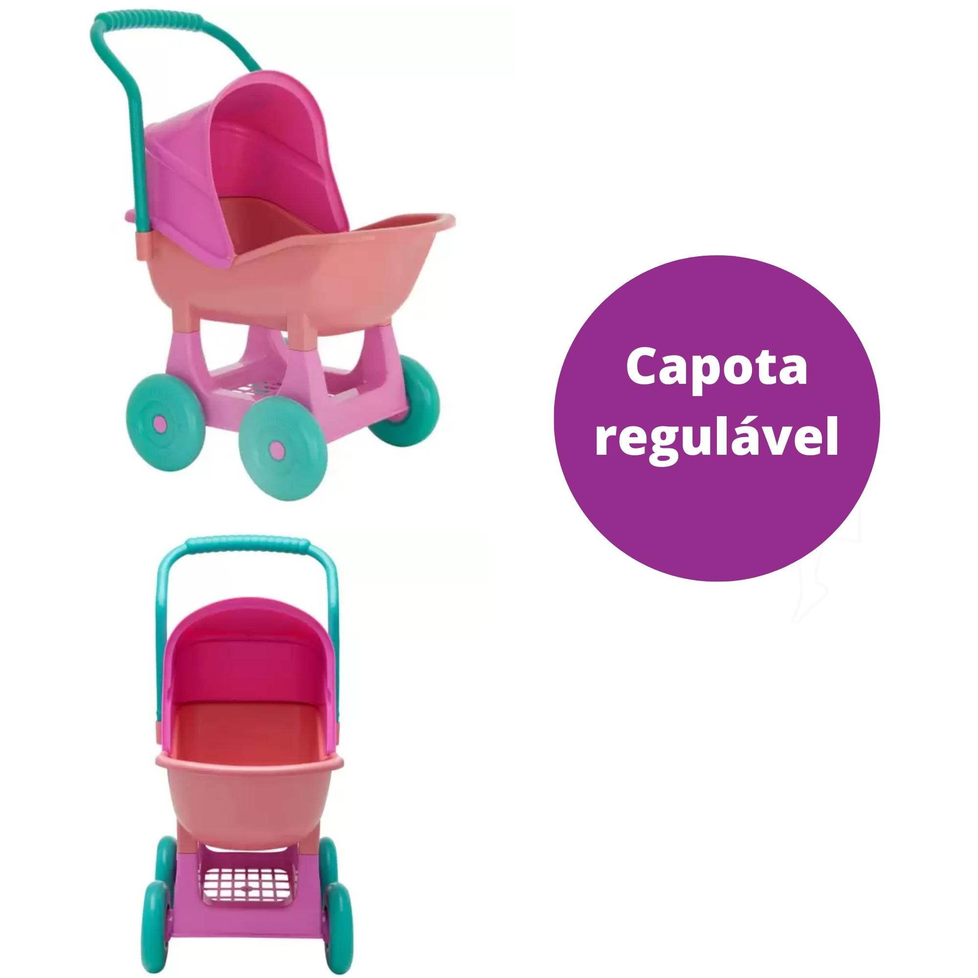 COMP Kit Mamãe e Bebê: Boneca Reborn Pesadinho + Carrinho de Boneca Rosa com Capota Regulável