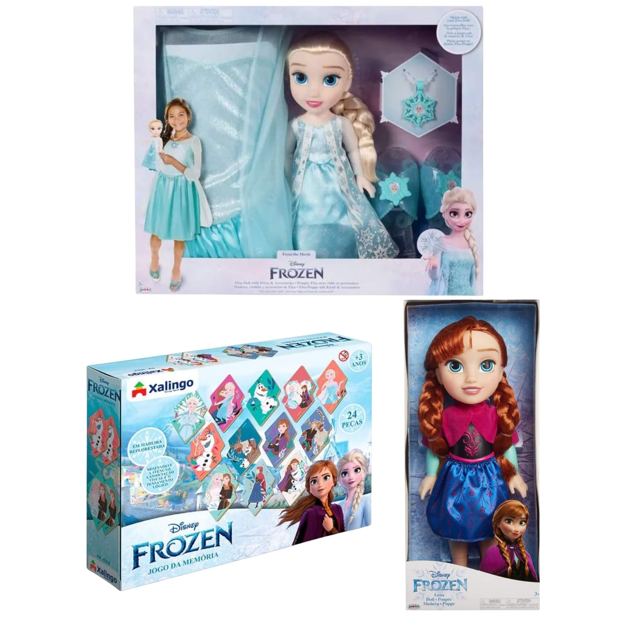 COMP Kit Frozen Disney: Bonecas Elsa e Anna + Jogo da Memória 24 Peças - Multikids e Xalingo