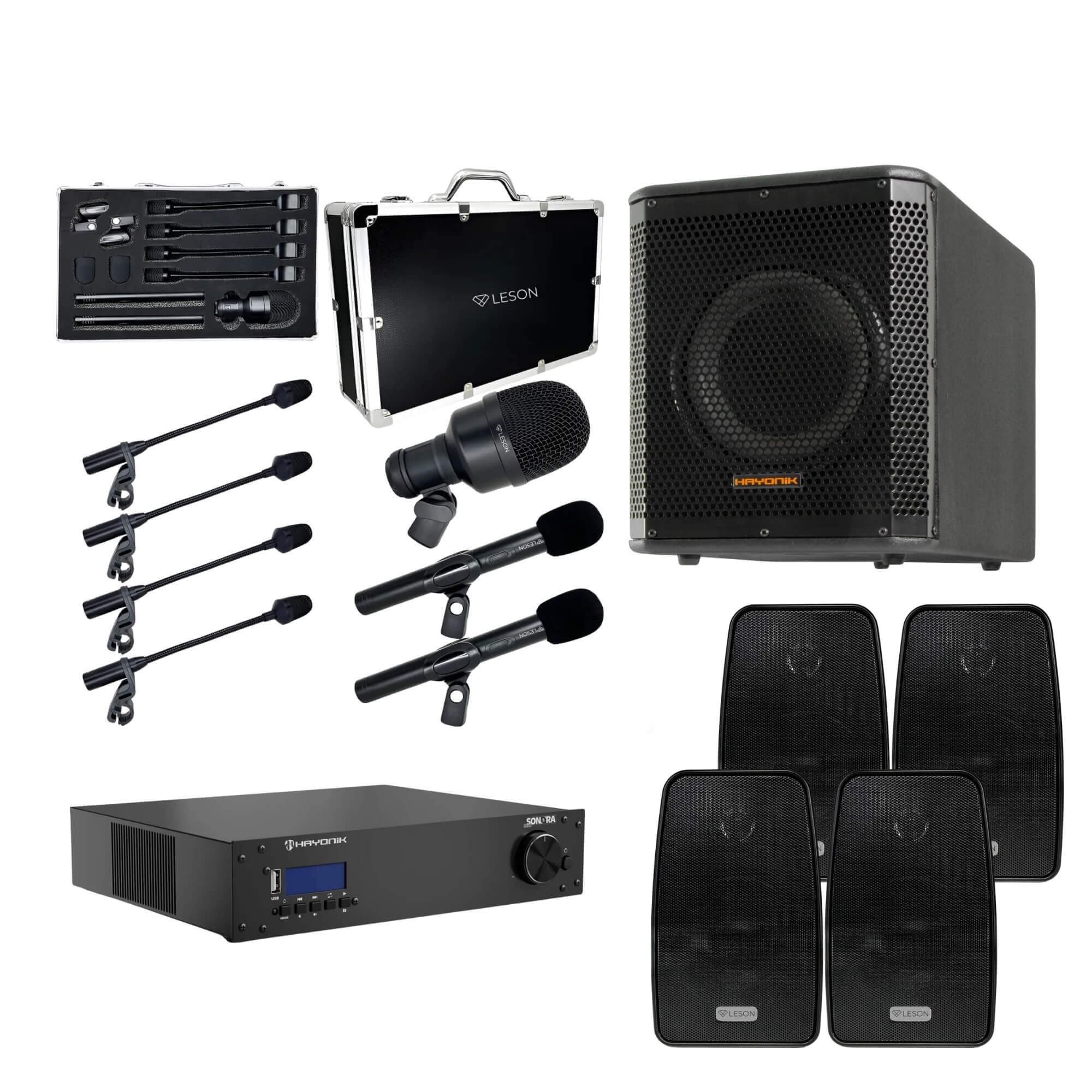 COMP Kit Áudio Completo – Subwoofer 100W + Amplificador 400W + 4 Caixas 70W + Microfones