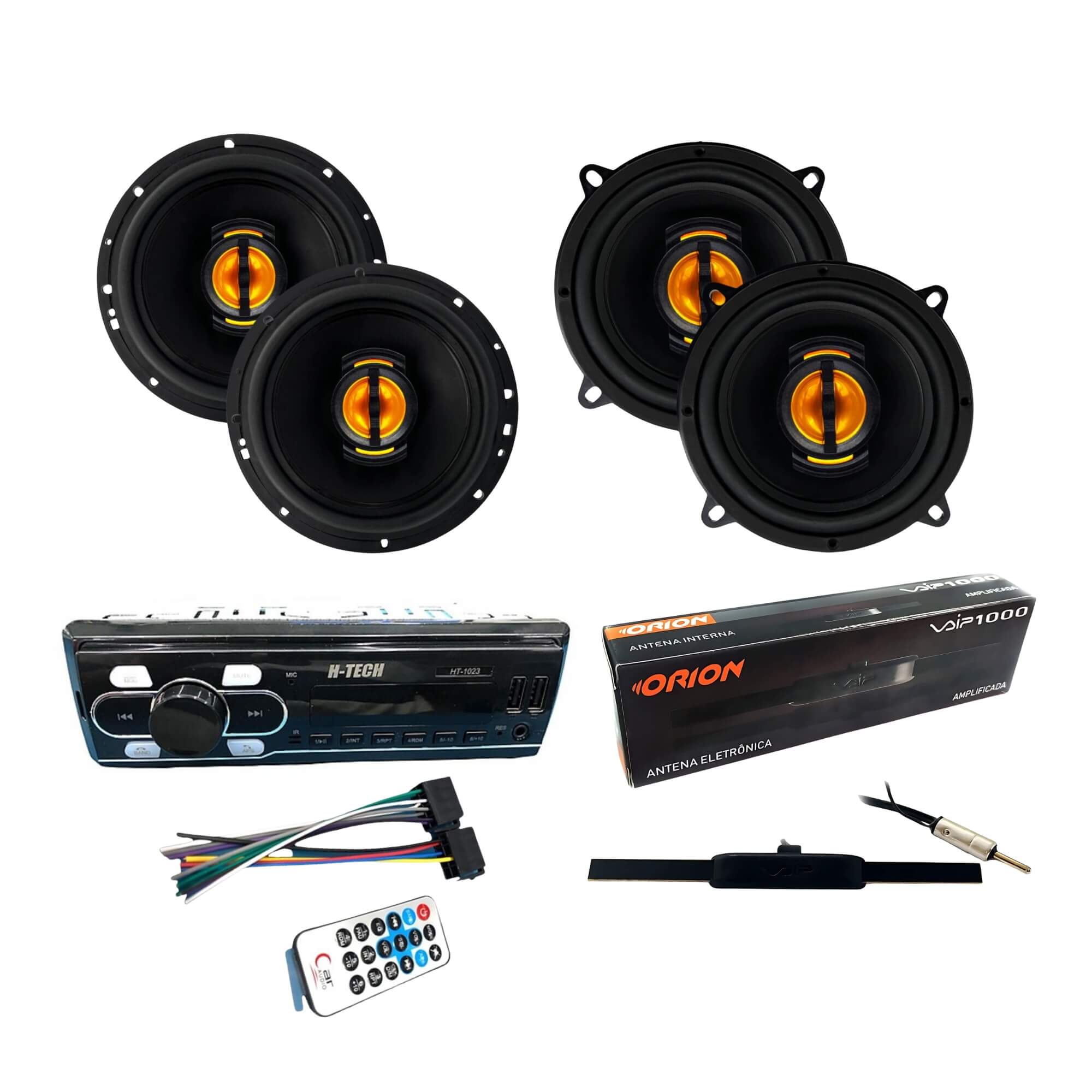 COMP Kit Som Automotivo - Rádio Bluetooth H-Tech + Antena TSR Orion + Falantes Leson 5" e 6"